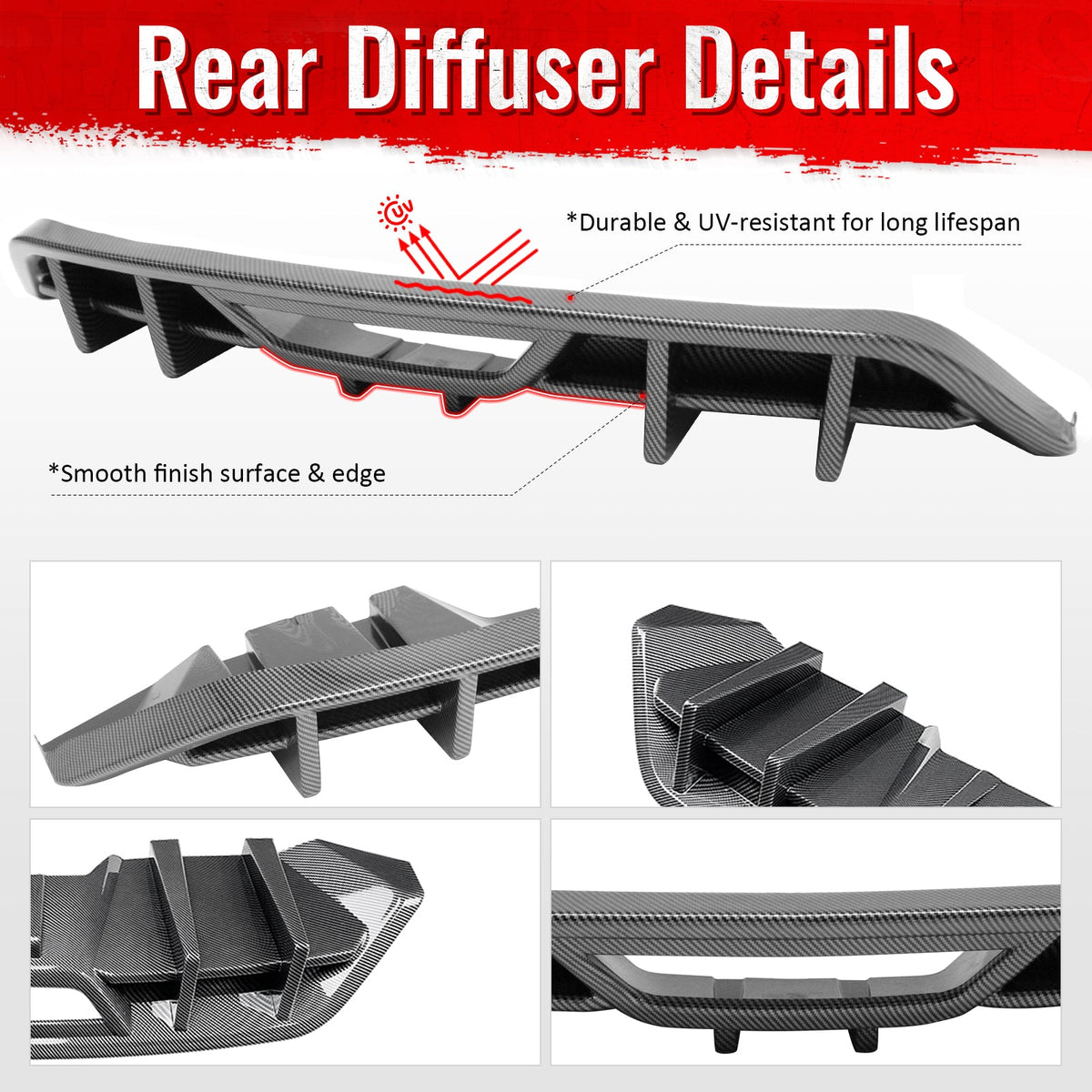 2018-2023 Ford Mustang Ecoboost & Ecoboost Premium Rear Bumper Lip Diffuser Lower Valance Exterior Auto Parts IKON Style Carbon Fiber Print PP
