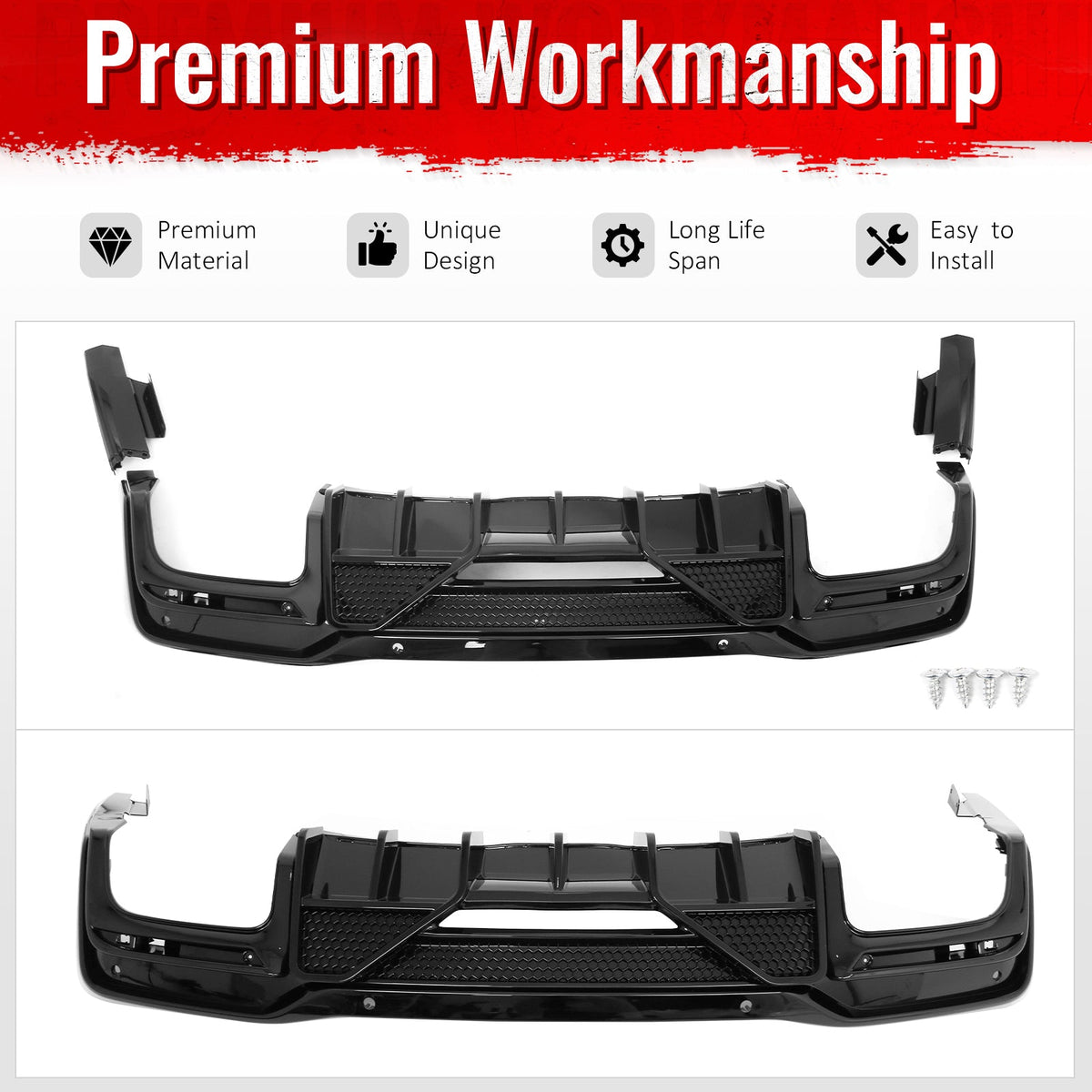 2024-2026 Ford Mustang V6 (EcoBoost)/GT/Dark Horse Rear Bumper Lip Diffuser Lower Valance Exterior Auto Parts Shelby Super Snake Style PP Gloss Black