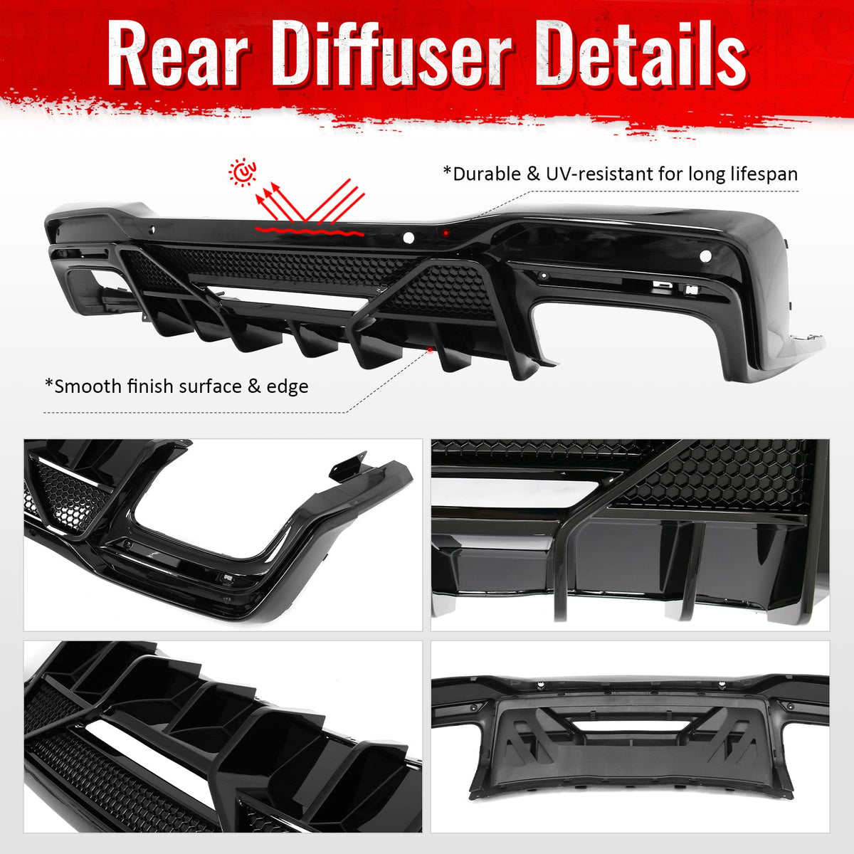 2024-2026 Ford Mustang V6 (EcoBoost)/GT/Dark Horse Rear Bumper Lip Diffuser Lower Valance Exterior Auto Parts Shelby Super Snake Style PP Gloss Black