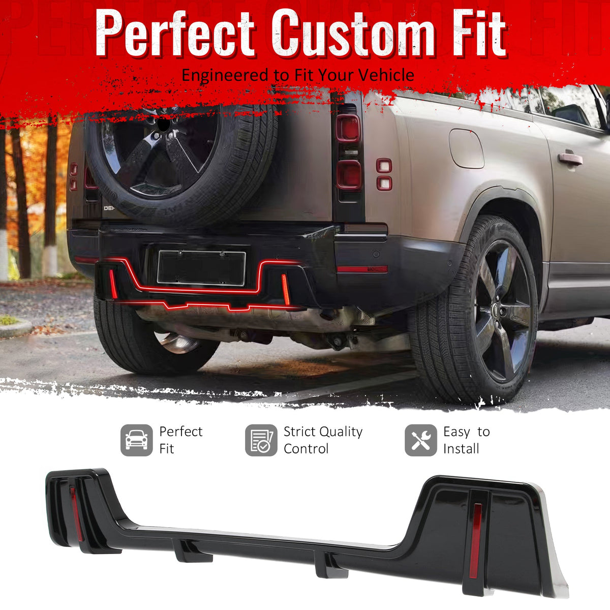 2020-2026 Land Rover Defender 90/110/130 Rear Bumper Lip with LED Brake Light IKON Style PP Gloss Black Rear Lower Spoiler Valance Splitter 1PC