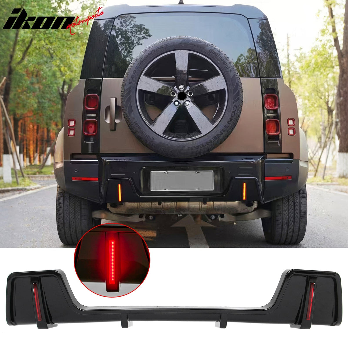 2020-2026 Land Rover Defender 90/110/130 Rear Bumper Lip with LED Brake Light IKON Style PP Gloss Black Rear Lower Spoiler Valance Splitter 1PC