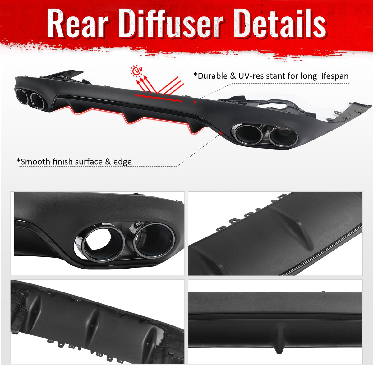 2017-2023 Benz E-Class C238 Coupe E53 Style Gloss Black Rear Diffuser PP + Exhaust Tips