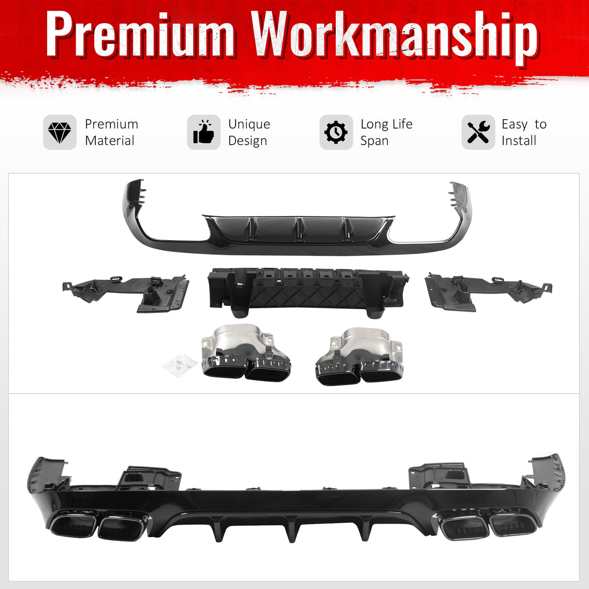 2017-2023 Benz E-Class C238 Coupe E63 Style Gloss Black Rear Diffuser PP + Exhaust Tips