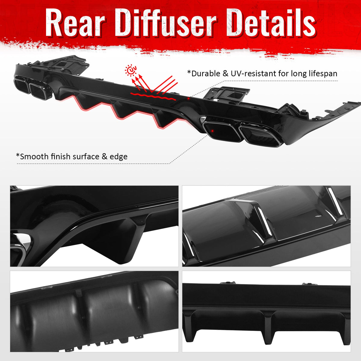 2017-2023 Benz E-Class C238 Coupe E63 Style Gloss Black Rear Diffuser PP + Exhaust Tips