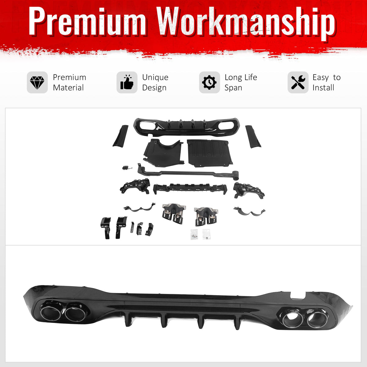 2022-2026 Benz C-Class W206 Sedan C43 Style Gloss Black Rear Diffuser PP + Exhaust Tips