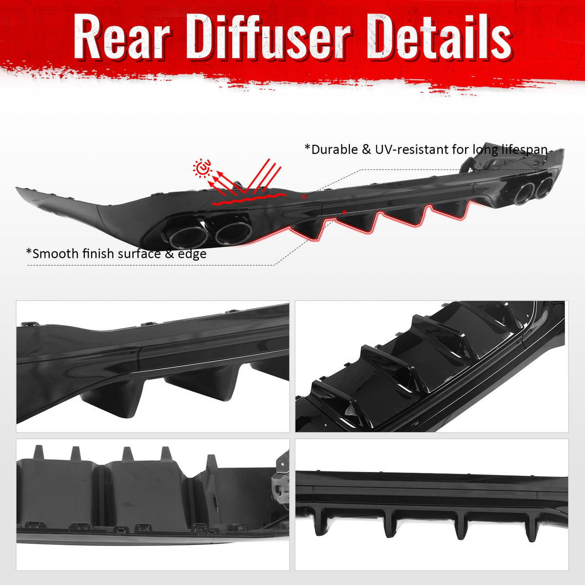 2022-2026 Benz C-Class W206 Sedan C43 Style Gloss Black Rear Diffuser PP + Exhaust Tips