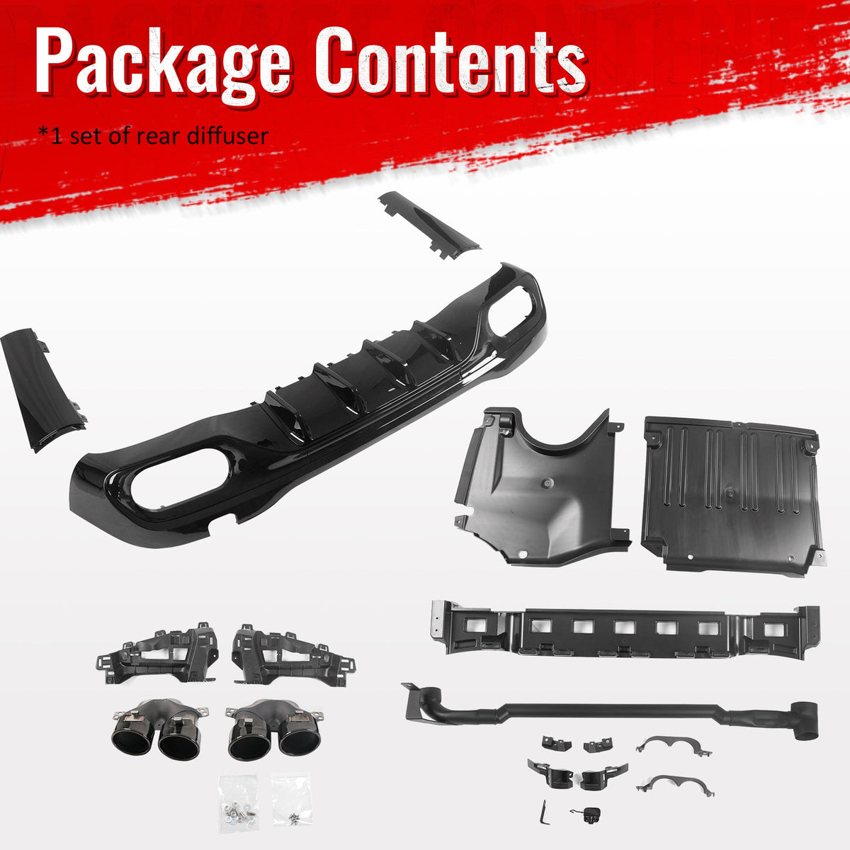 2022-2026 Benz C-Class W206 Sedan C43 Style Gloss Black Rear Diffuser PP + Exhaust Tips
