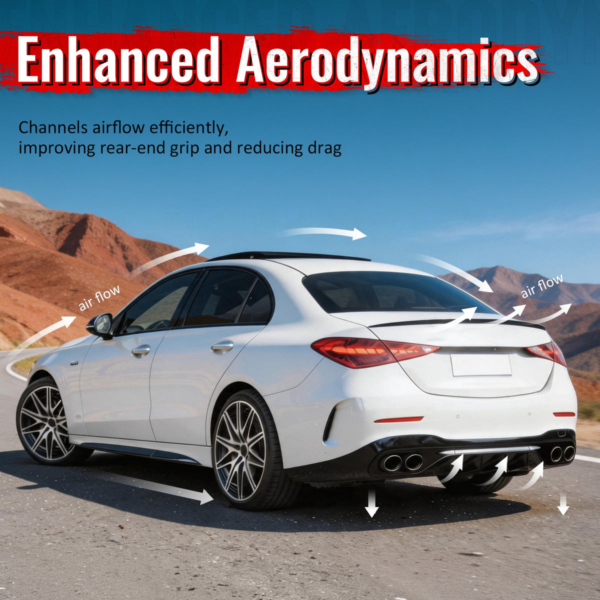 2022-2026 Benz C-Class W206 Sedan C43 Style Gloss Black Rear Diffuser PP + Exhaust Tips