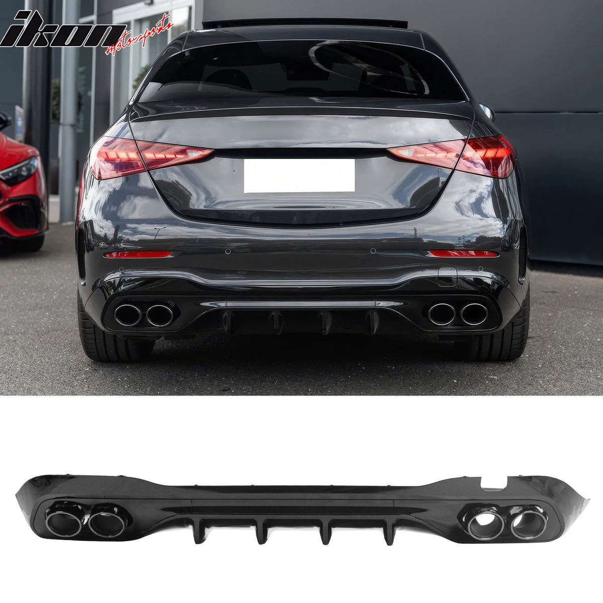 2022-2026 Benz C-Class W206 Sedan C43 Style Gloss Black Rear Diffuser PP + Exhaust Tips