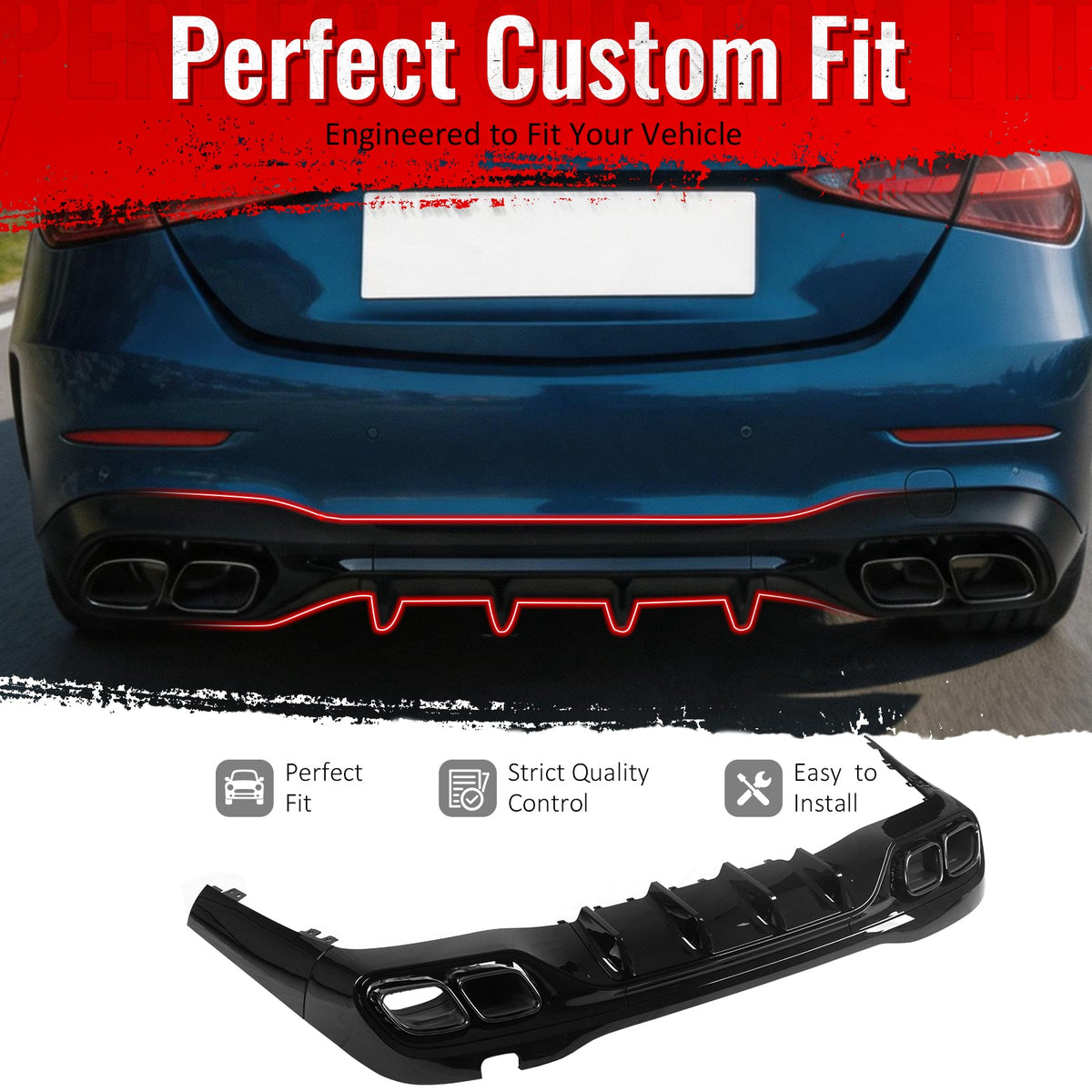 2022-2026 Benz C-Class W206 Sedan C63 Style Gloss Black Rear Diffuser PP + Exhaust Tips