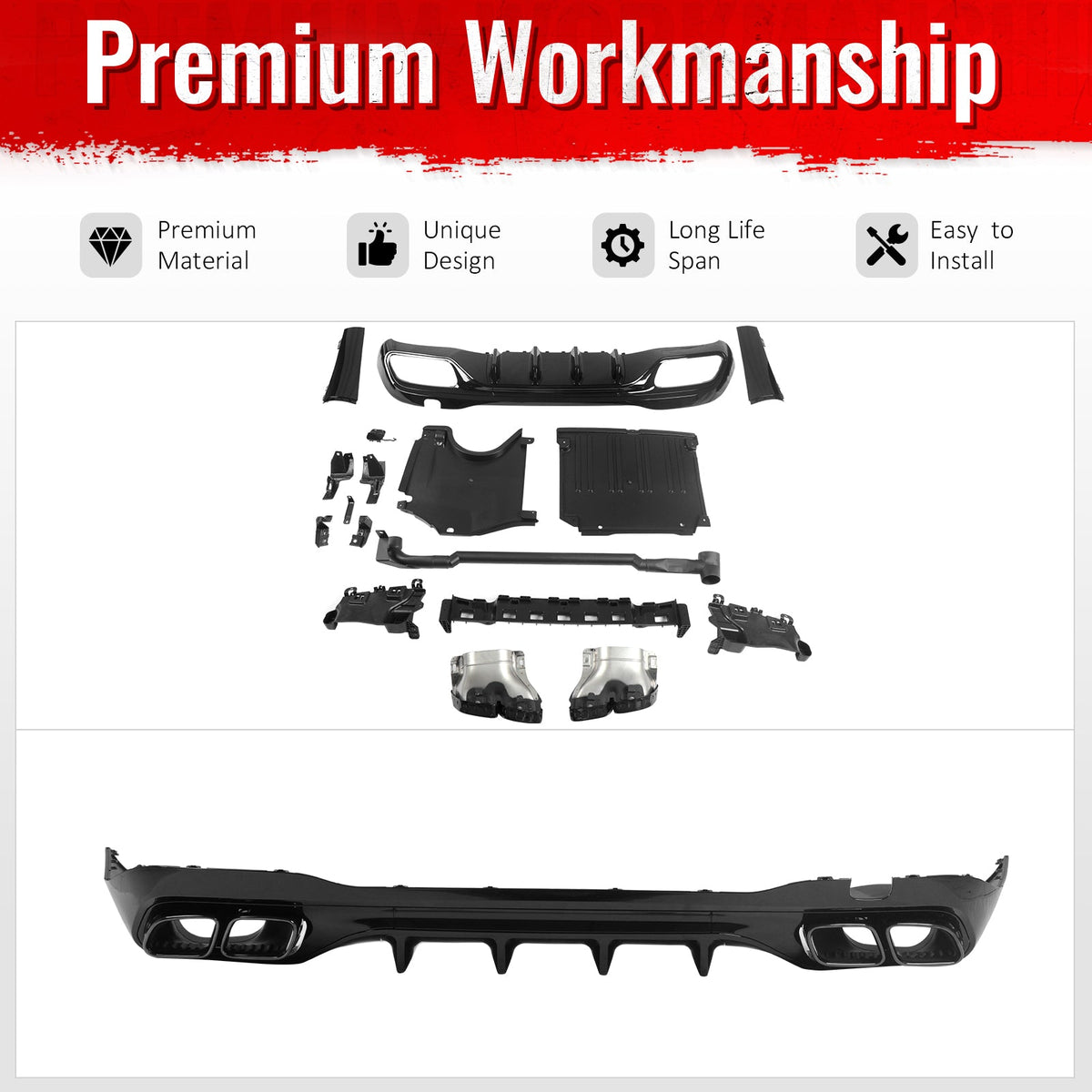 2022-2026 Benz C-Class W206 Sedan C63 Style Gloss Black Rear Diffuser PP + Exhaust Tips
