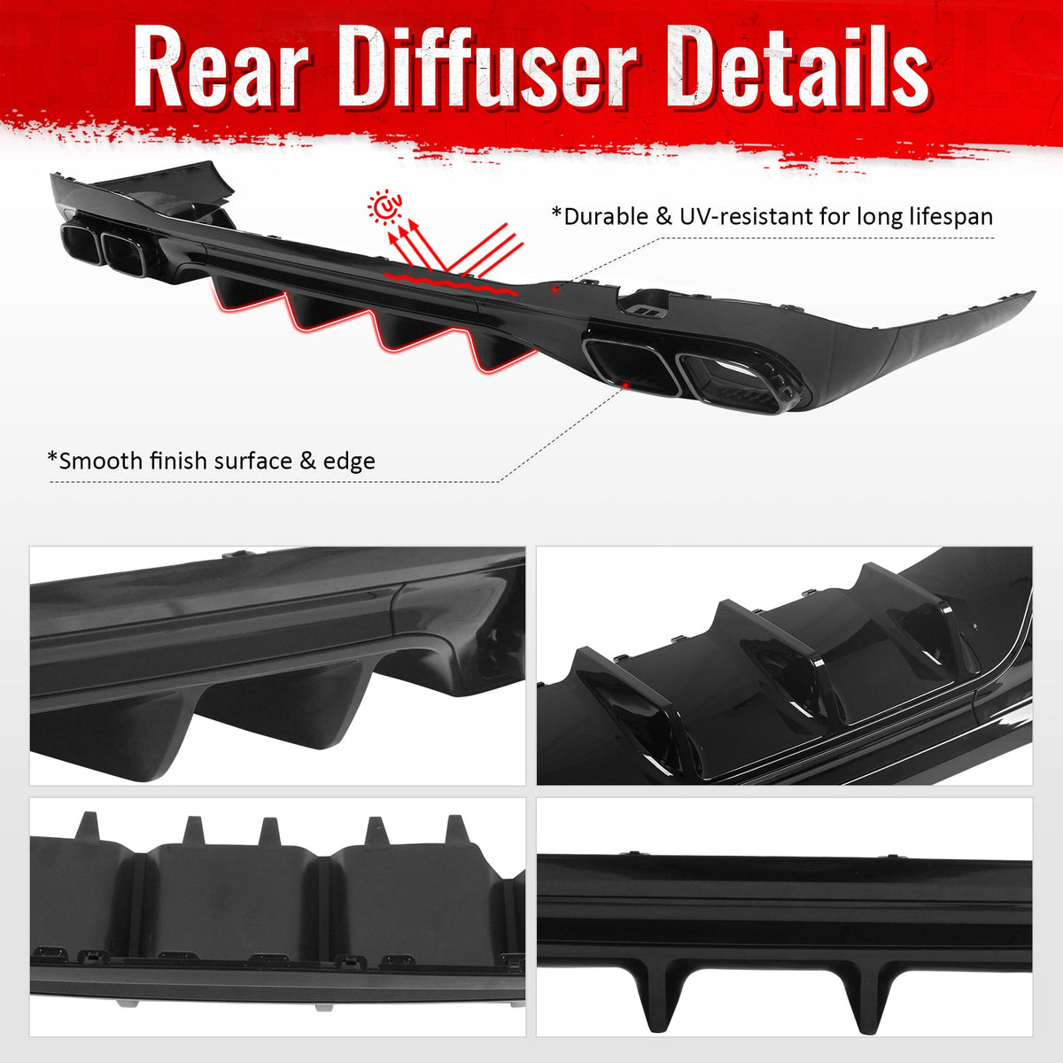 2022-2026 Benz C-Class W206 Sedan C63 Style Gloss Black Rear Diffuser PP + Exhaust Tips