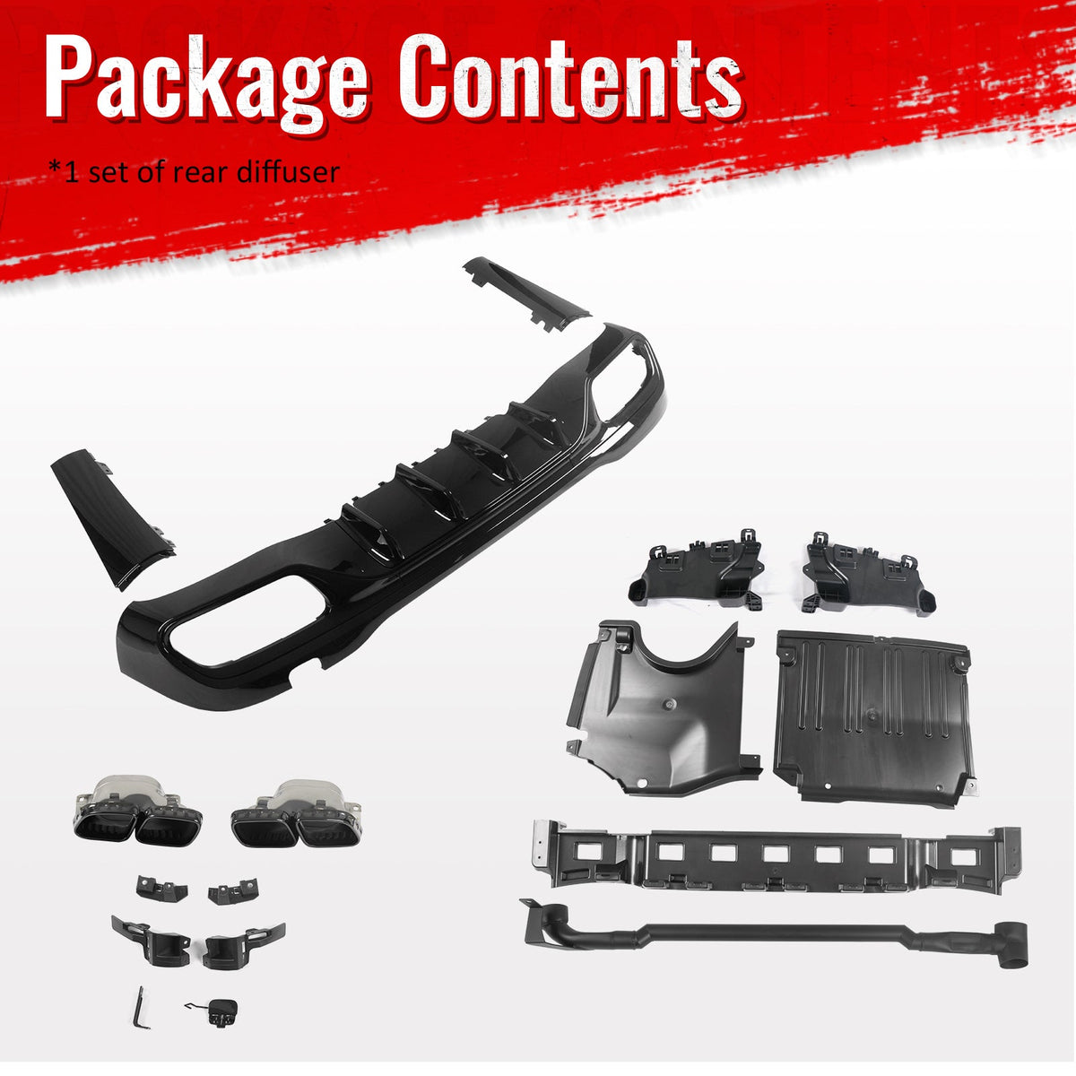 2022-2026 Benz C-Class W206 Sedan C63 Style Gloss Black Rear Diffuser PP + Exhaust Tips