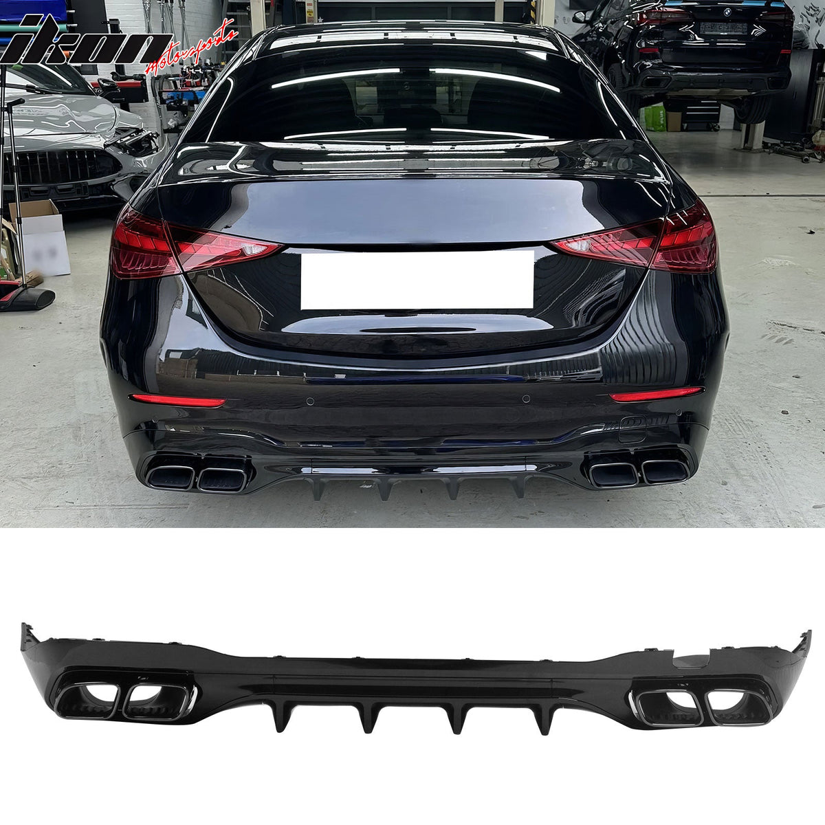 2022-2026 Benz C-Class W206 Sedan C63 Style Gloss Black Rear Diffuser PP + Exhaust Tips