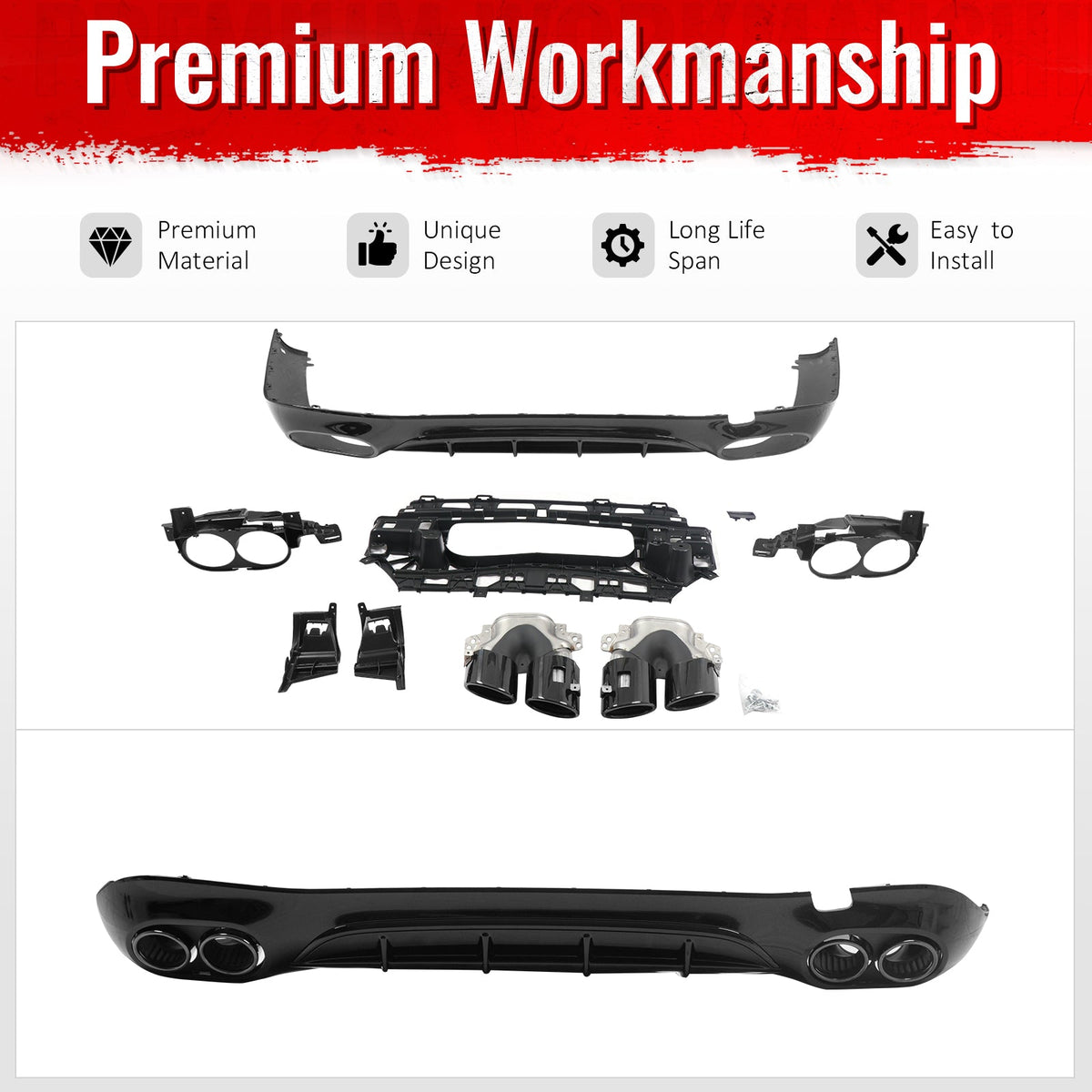 2024-2026 Benz E-Class W214 Sedan E53 Style Gloss Black Rear Diffuser PP + Exhaust Tips