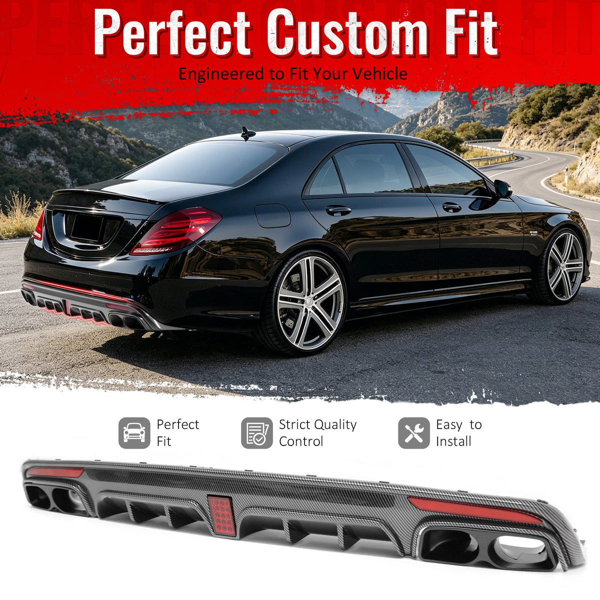 2014-2017 Benz S-Class W222 V222 Brabus Style Carbon Fiber Print Rear Bumper Diffuser & Black Exhaust