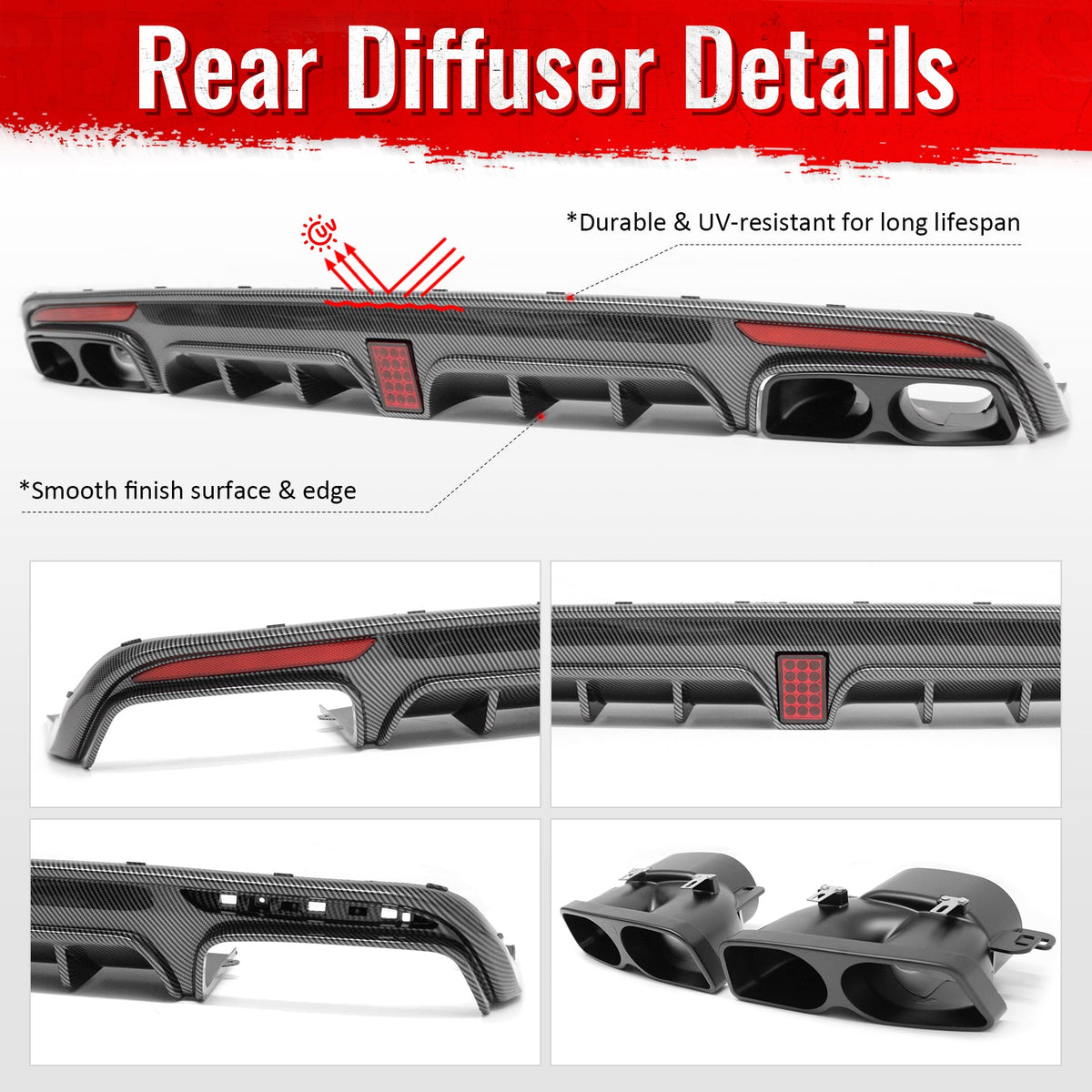 2014-2017 Benz S-Class W222 V222 Brabus Style Carbon Fiber Print Rear Bumper Diffuser & Black Exhaust