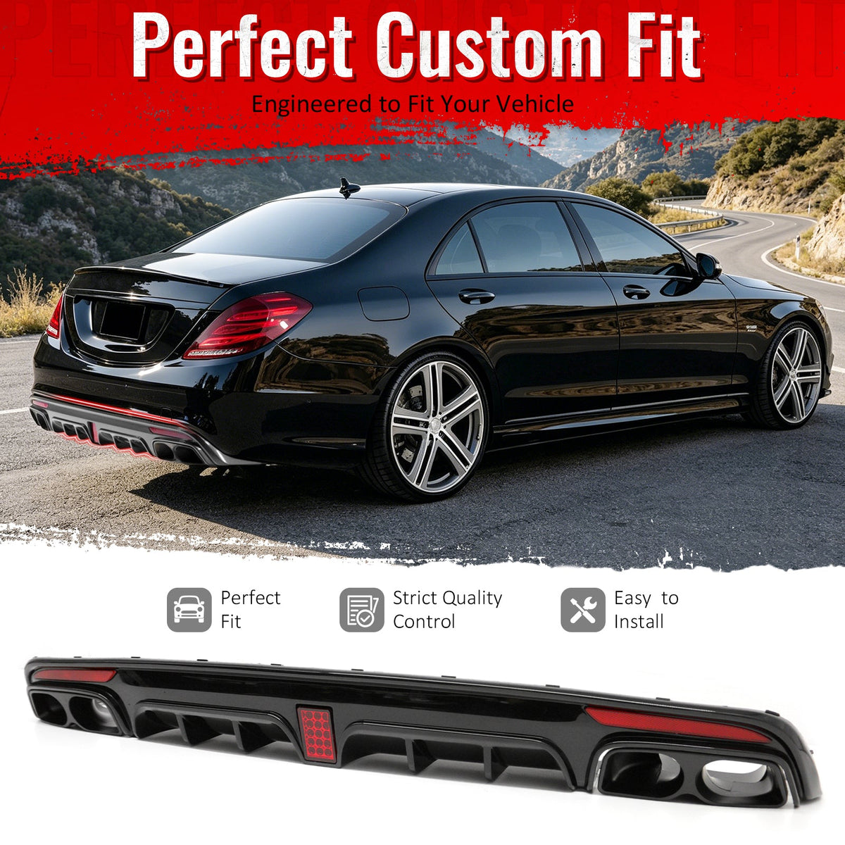 2014-2017 Benz S-Class W222 V222 Brabus Style Gloss Black Rear Bumper Diffuser & Black Exhaust
