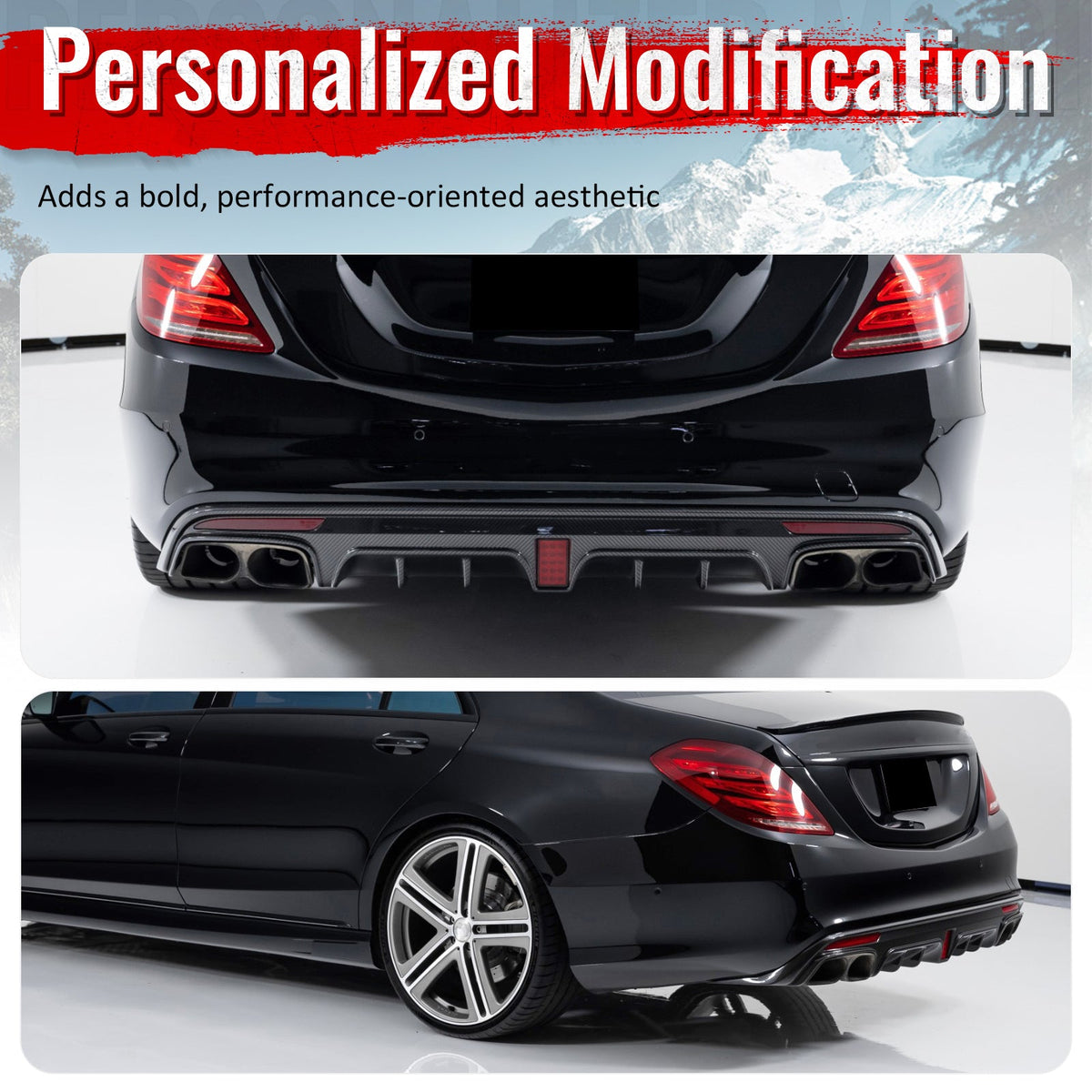 2014-2017 Benz S-Class W222 V222 Brabus Style Gloss Black Rear Bumper Diffuser & Black Exhaust