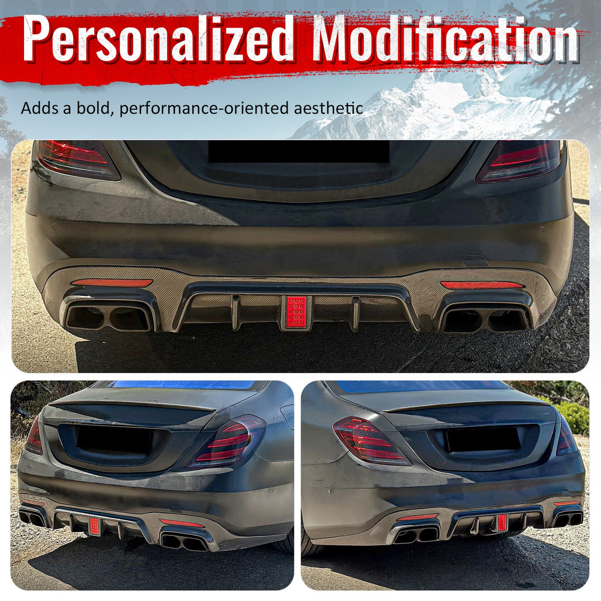 2018-2020 Benz S-Class W222 V222 Brabus Style Carbon Fiber Print Rear Bumper Diffuser & Black Exhaust