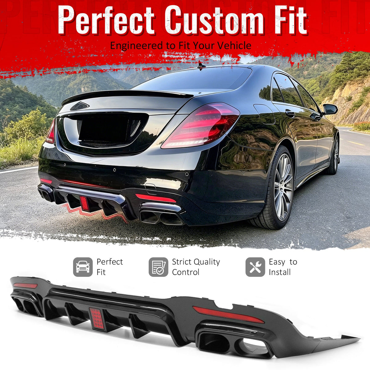 2018-2020 Benz S-Class W222 V222 Brabus Style Gloss Black Rear Bumper Diffuser & Black Exhaust