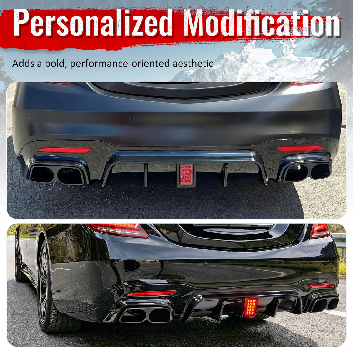 2018-2020 Benz S-Class W222 V222 Brabus Style Gloss Black Rear Bumper Diffuser & Black Exhaust