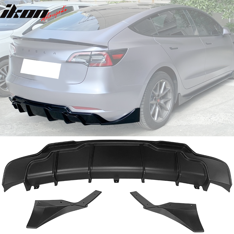 2017-2024 Tesla Model 3 Rear Diffuser with Aprons  IKON Style 3PC