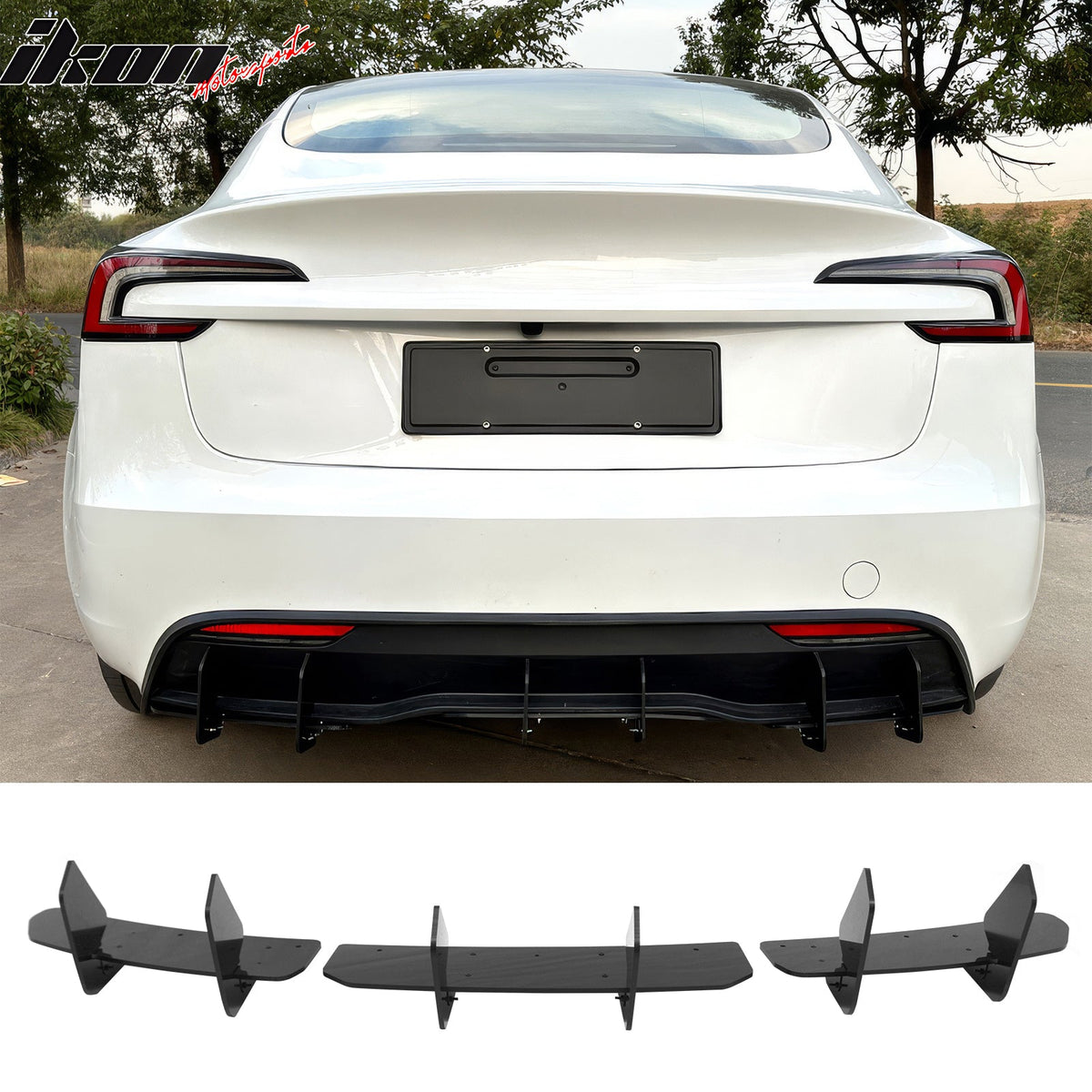 2024-2026 Tesla Model 3 3PCS Rear Bumper Lip Diffuser Shark Fin Lower Valance Exterior Auto Parts IKON Style Painted Gloss Black ABS Plastic