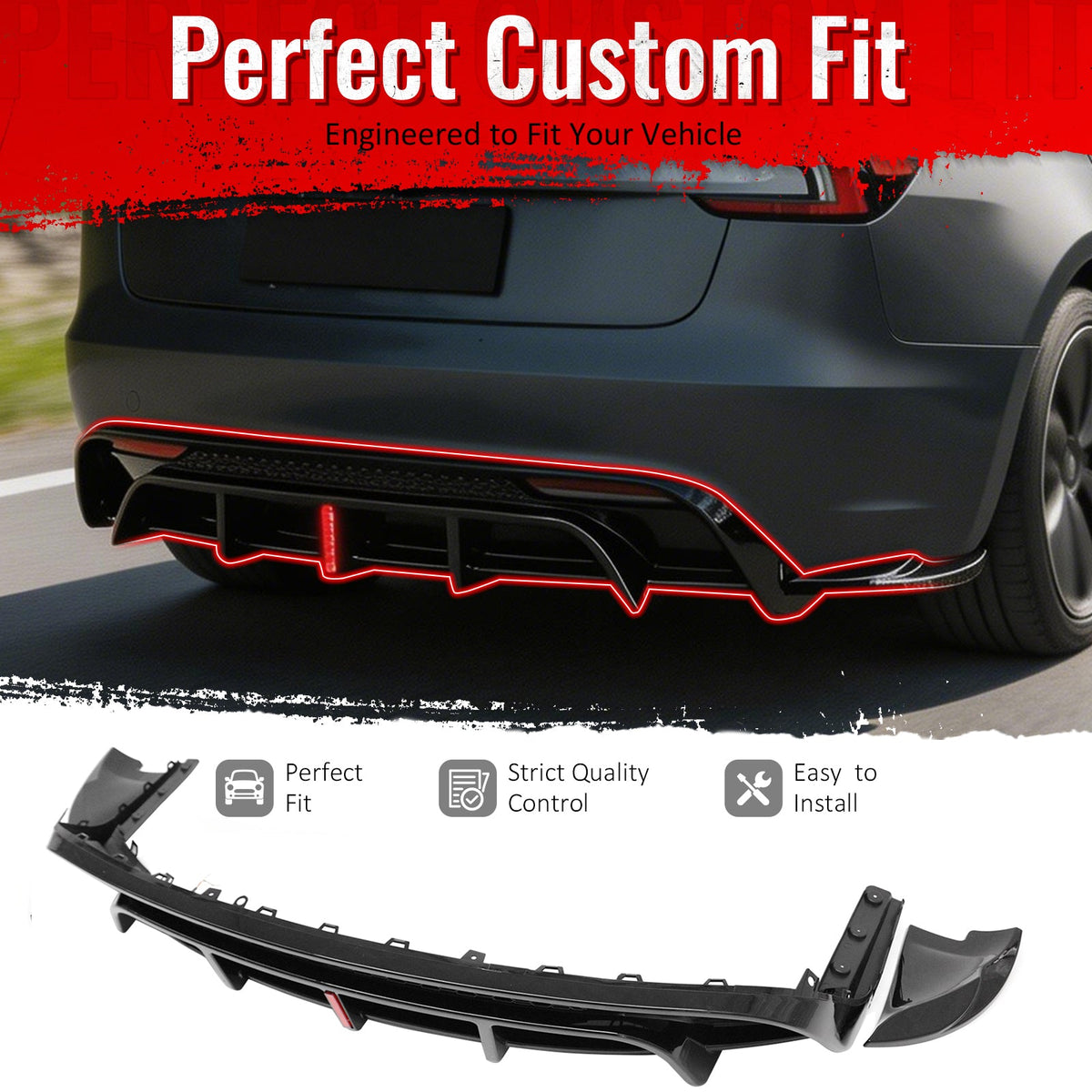 2024-2026 Tesla Model 3 5PCS Rear Bumper Lip Diffuser W/LED Light Lower Valance Exterior Auto Parts Painted Gloss Black PP Polypropylene