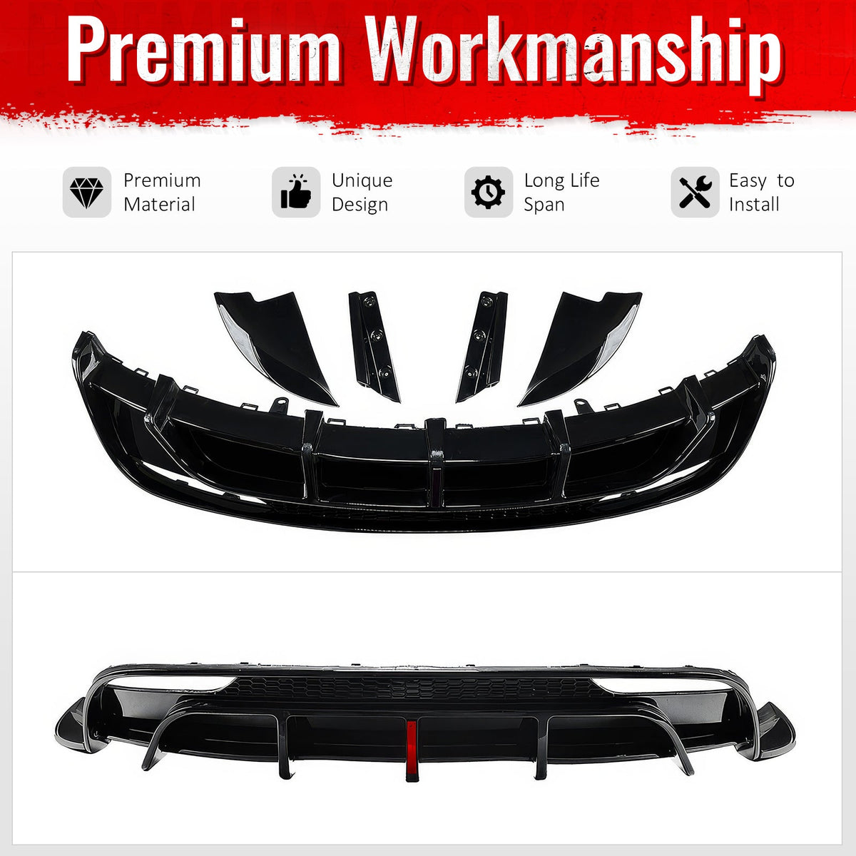 2024-2026 Tesla Model 3 5PCS Rear Bumper Lip Diffuser W/LED Light Lower Valance Exterior Auto Parts Painted Gloss Black PP Polypropylene