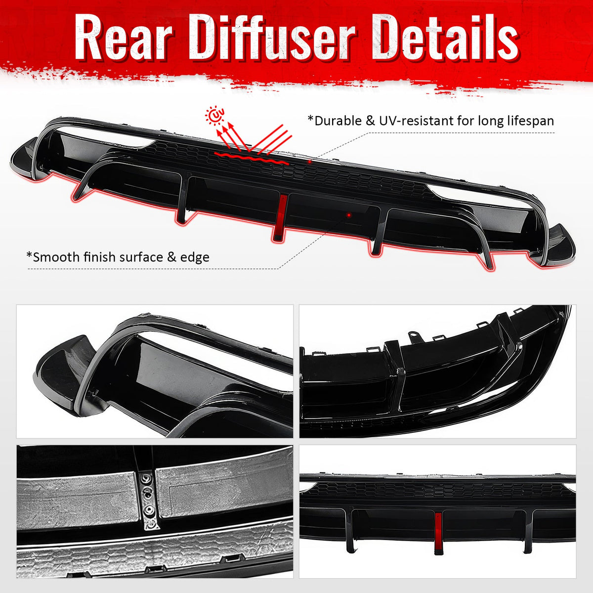 2024-2026 Tesla Model 3 5PCS Rear Bumper Lip Diffuser W/LED Light Lower Valance Exterior Auto Parts Painted Gloss Black PP Polypropylene