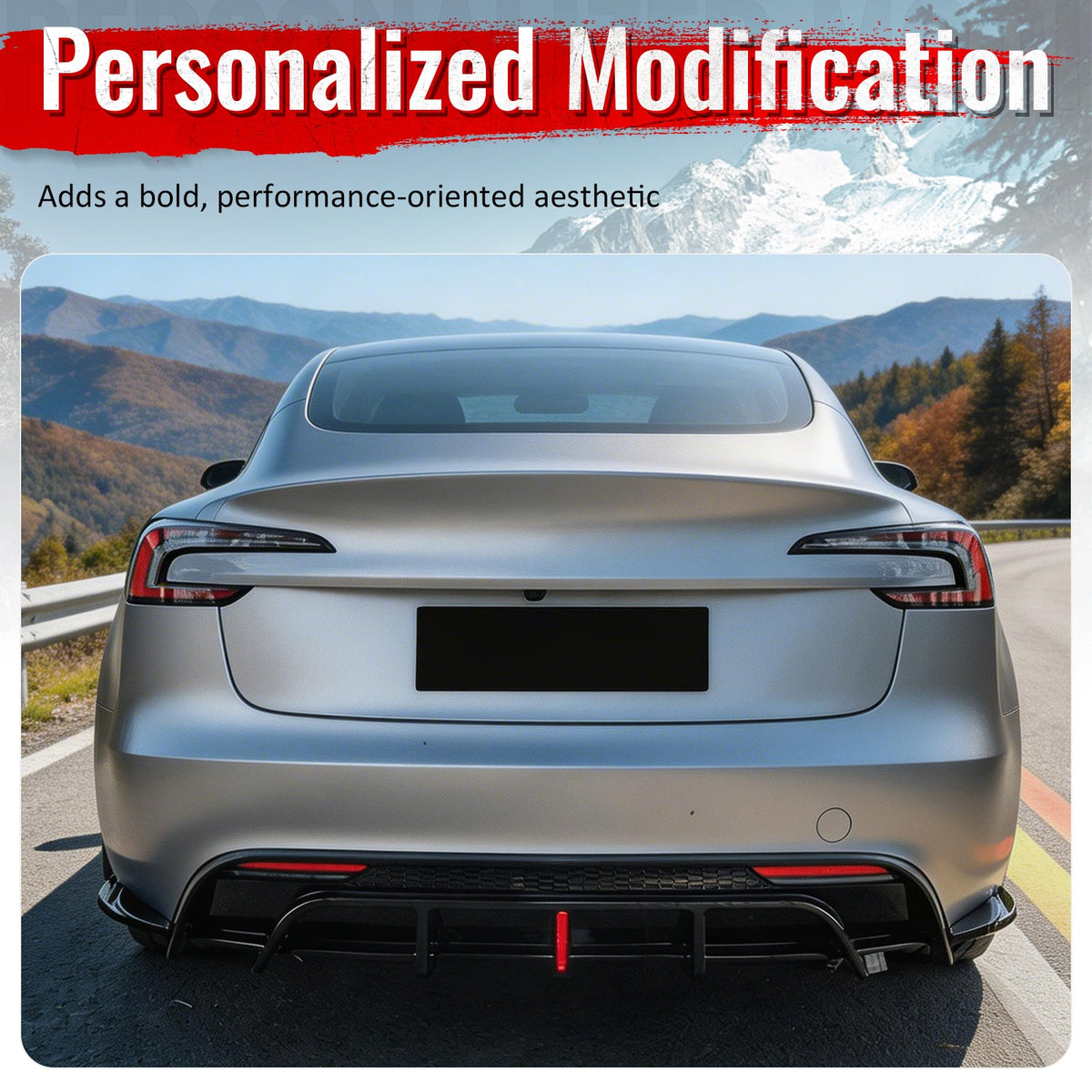 2024-2026 Tesla Model 3 5PCS Rear Bumper Lip Diffuser W/LED Light Lower Valance Exterior Auto Parts Painted Gloss Black PP Polypropylene