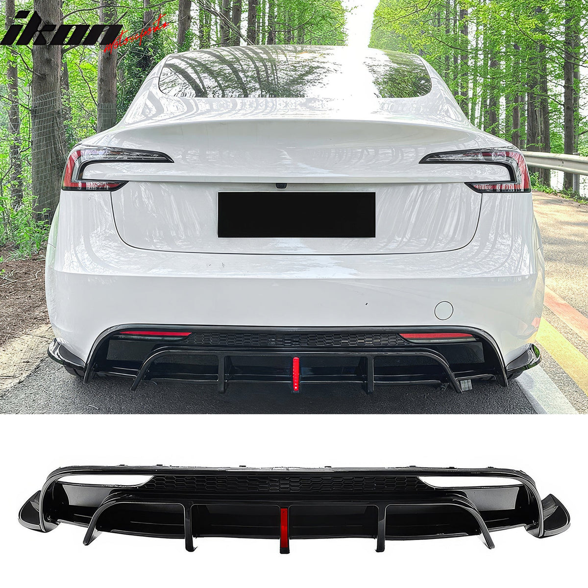 2024-2026 Tesla Model 3 5PCS Rear Bumper Lip Diffuser W/LED Light Lower Valance Exterior Auto Parts Painted Gloss Black PP Polypropylene