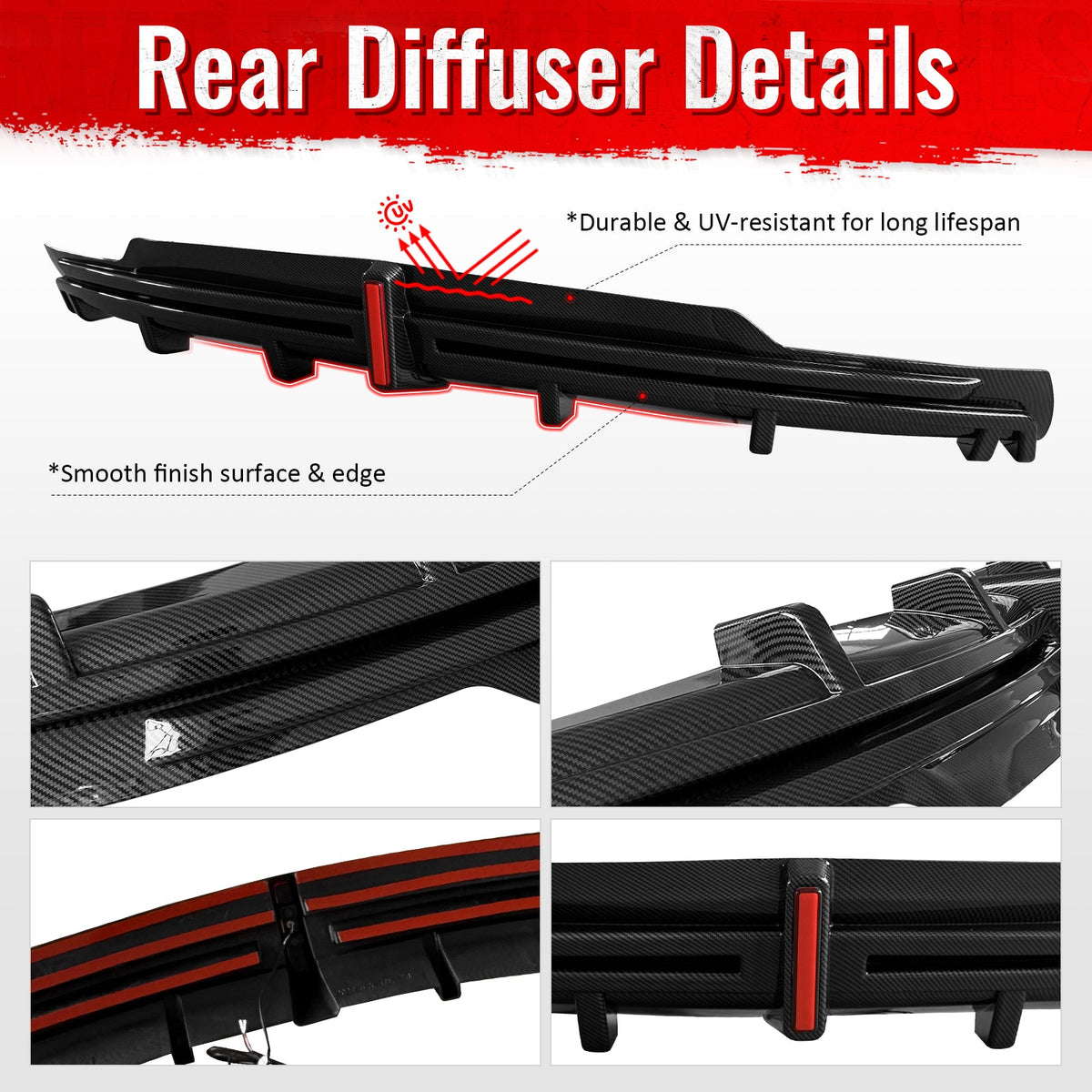 2016-2021 Tesla Model S Rear Diffuser Lip W/ LED Brake Light Lamp Carbon Fiber Print PP
