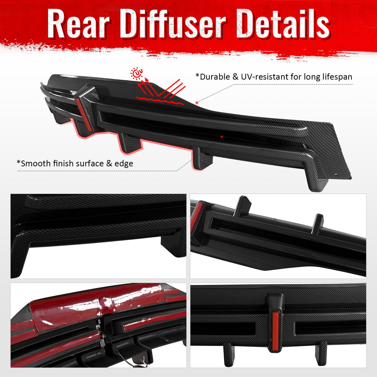 2016-2021 Tesla Model X Rear Diffuser Lip W/ LED Brake Light Lamp Carbon Fiber Print PP