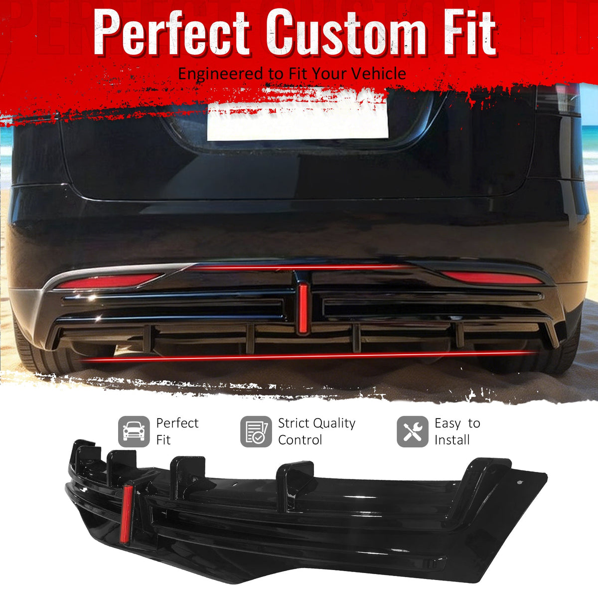 2016-2021 Tesla Model X Rear Diffuser Lip W/ LED Brake Light Lamp Gloss Black PP