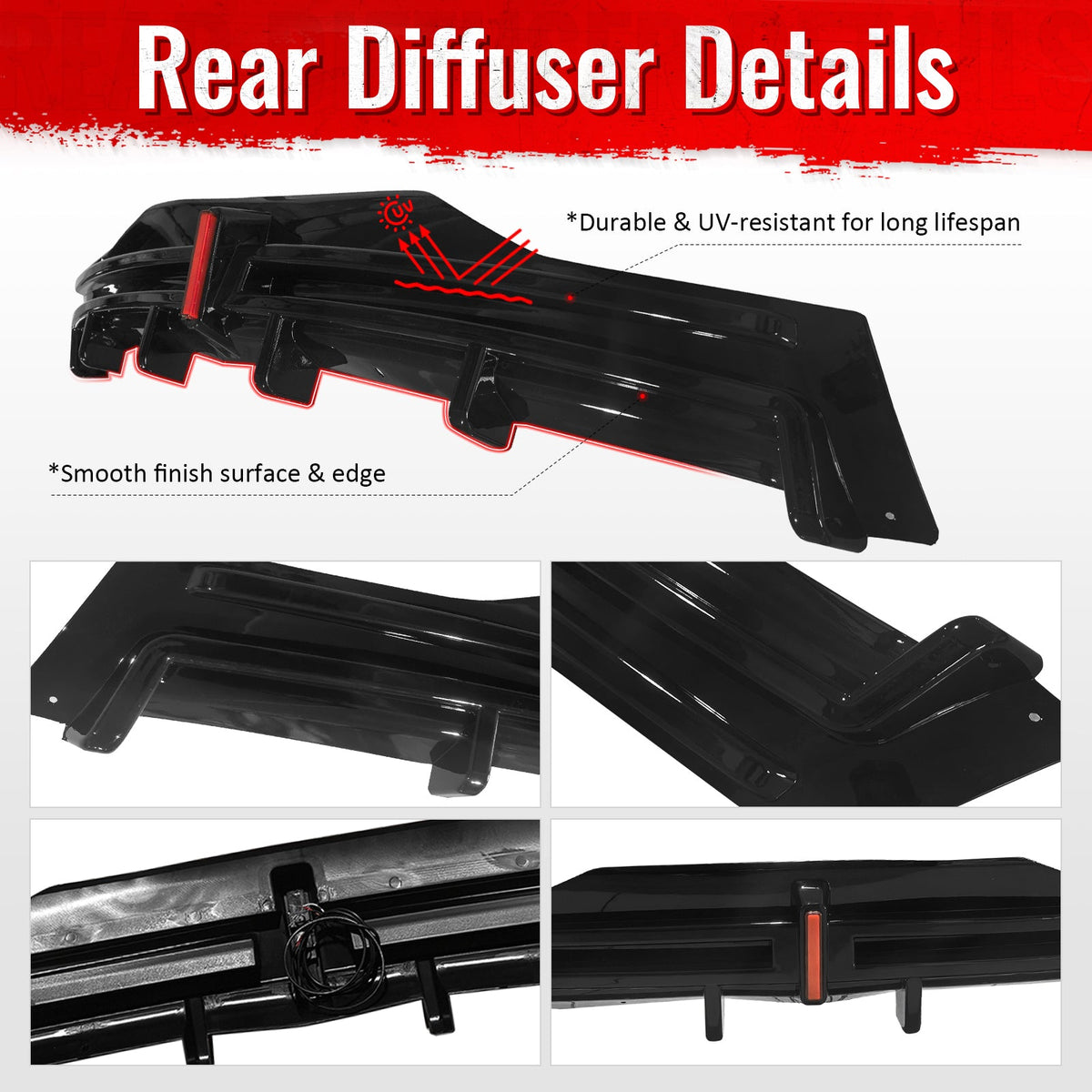 2016-2021 Tesla Model X Rear Diffuser Lip W/ LED Brake Light Lamp Gloss Black PP