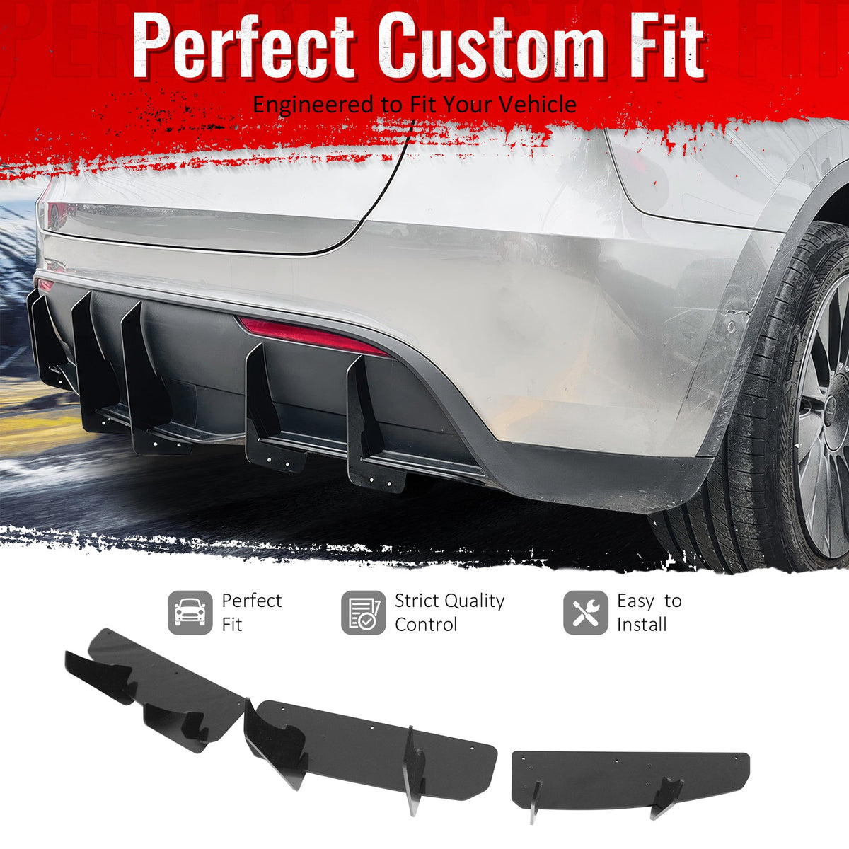 2020-2025 Tesla Model Y 3PCS Rear Bumper Lip Diffuser Shark Fin Lower Valance Exterior Auto Parts IKON Style Painted Gloss Black ABS Plastic