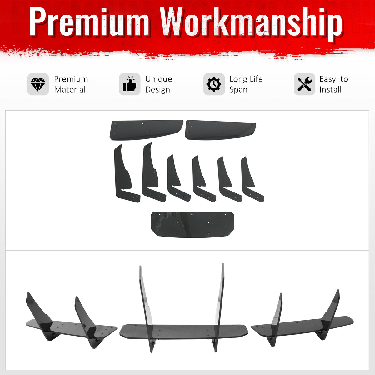 2020-2025 Tesla Model Y 3PCS Rear Bumper Lip Diffuser Shark Fin Lower Valance Exterior Auto Parts IKON Style Painted Gloss Black ABS Plastic