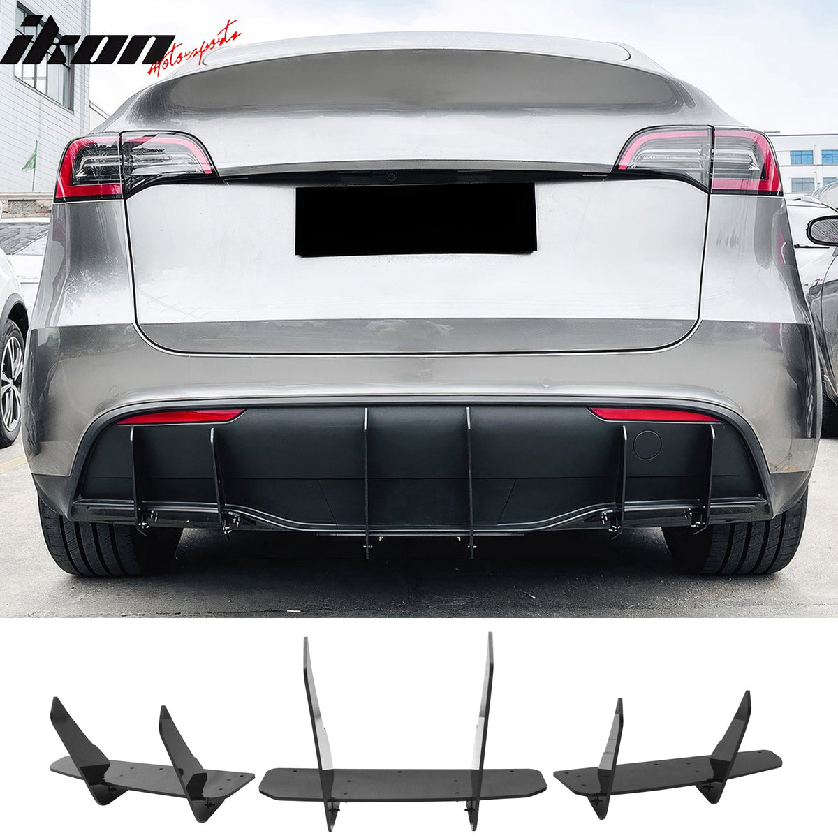 2020-2025 Tesla Model Y 3PCS Rear Bumper Lip Diffuser Shark Fin Lower Valance Exterior Auto Parts IKON Style Painted Gloss Black ABS Plastic