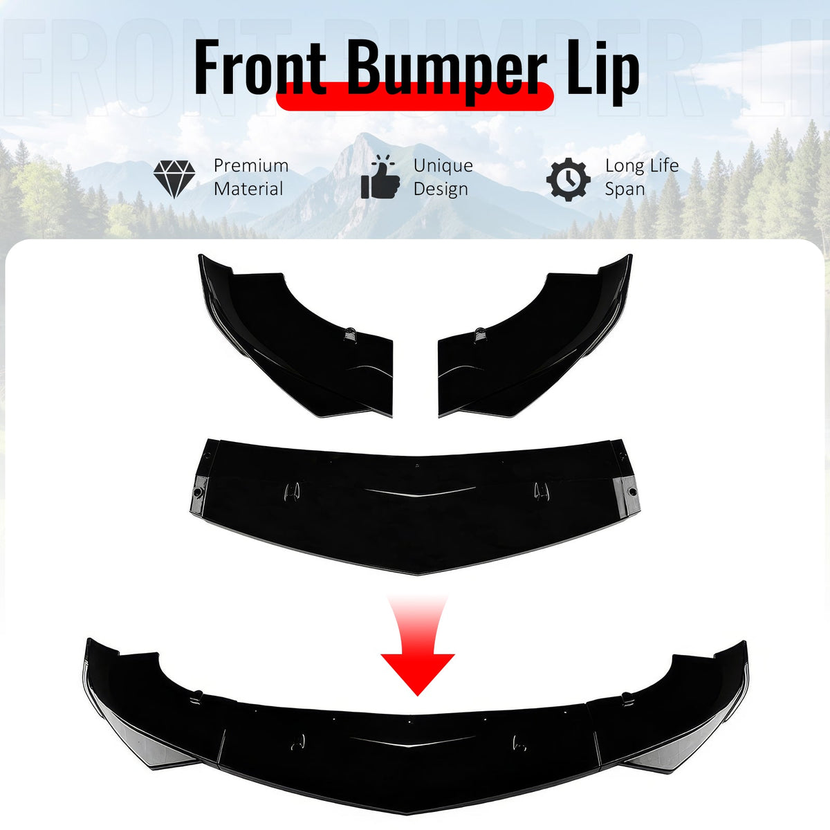2017-2026 Alfa Romeo Giulia Sport Line IKON Style Front Bumper Lip 3PCS Gloss Black