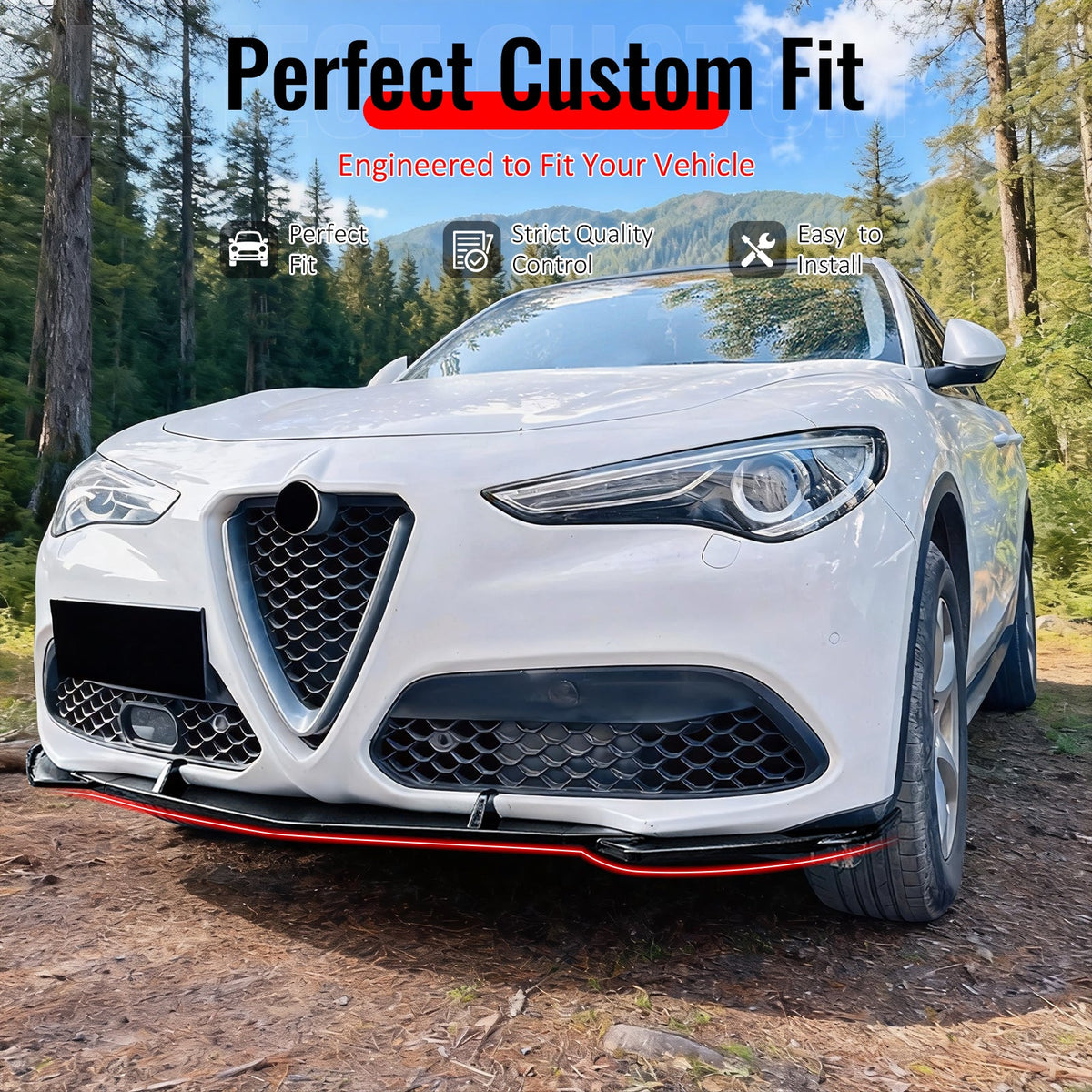 2017-2026 Alfa Romeo Stelvio IKON Style Front Bumper Lip Gloss Black ABS 3PCS