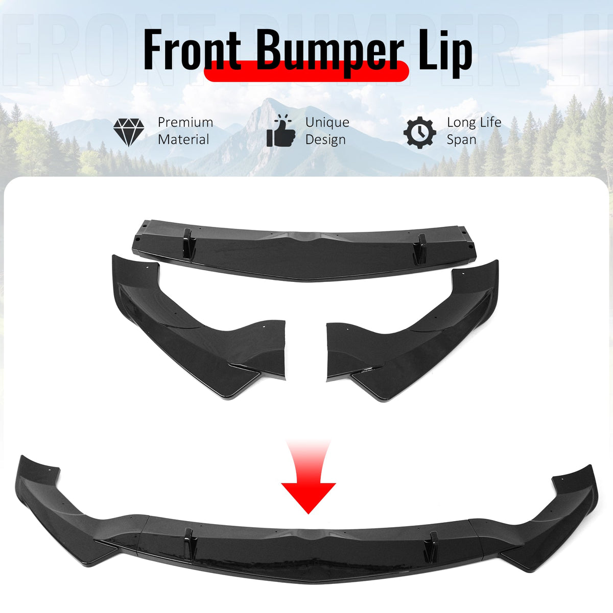 2017-2026 Alfa Romeo Stelvio IKON Style Front Bumper Lip Gloss Black ABS 3PCS