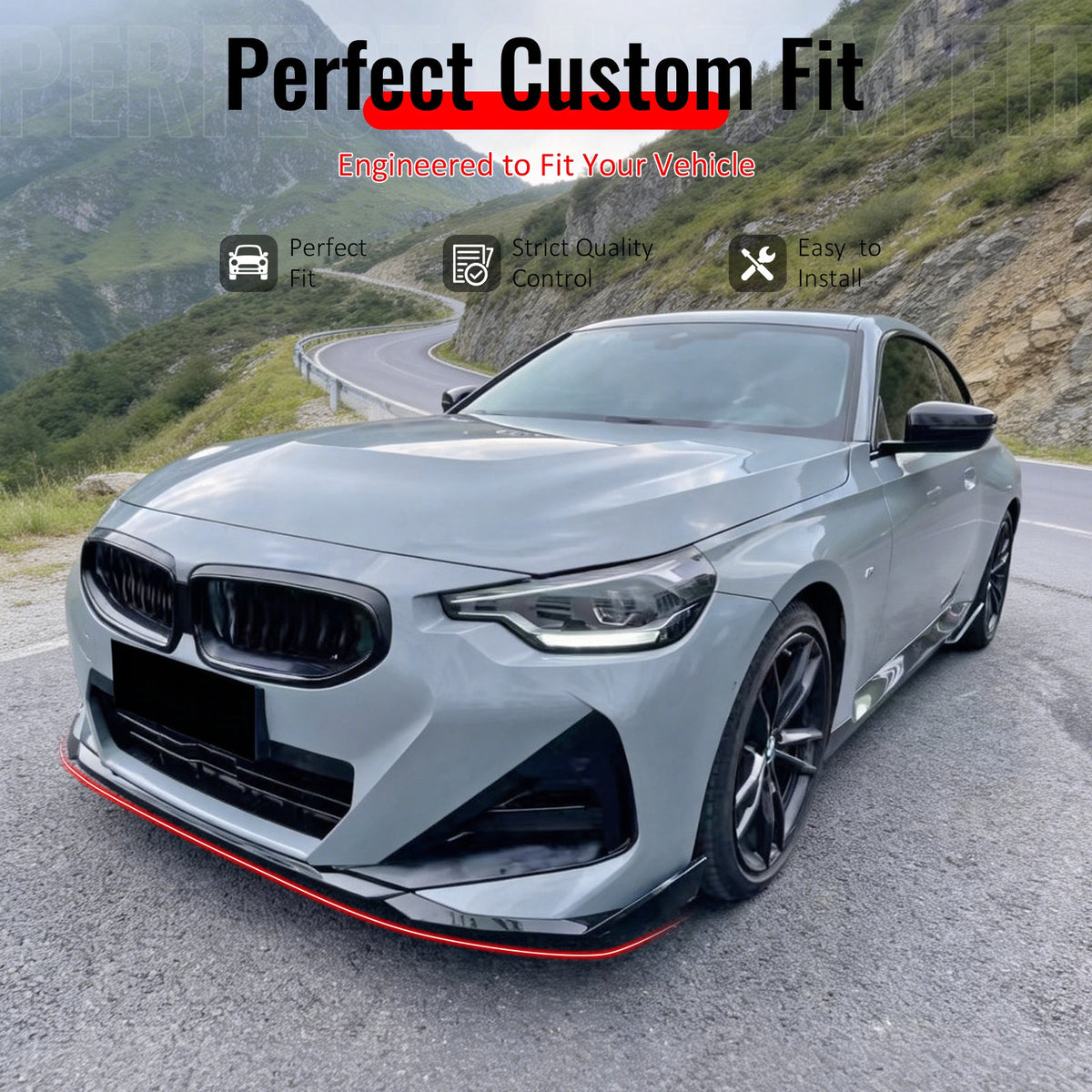 2022-2026 BMW 2-Series G42 M Sport MP Performance Style Gloss Black Front Bumper Lip ABS