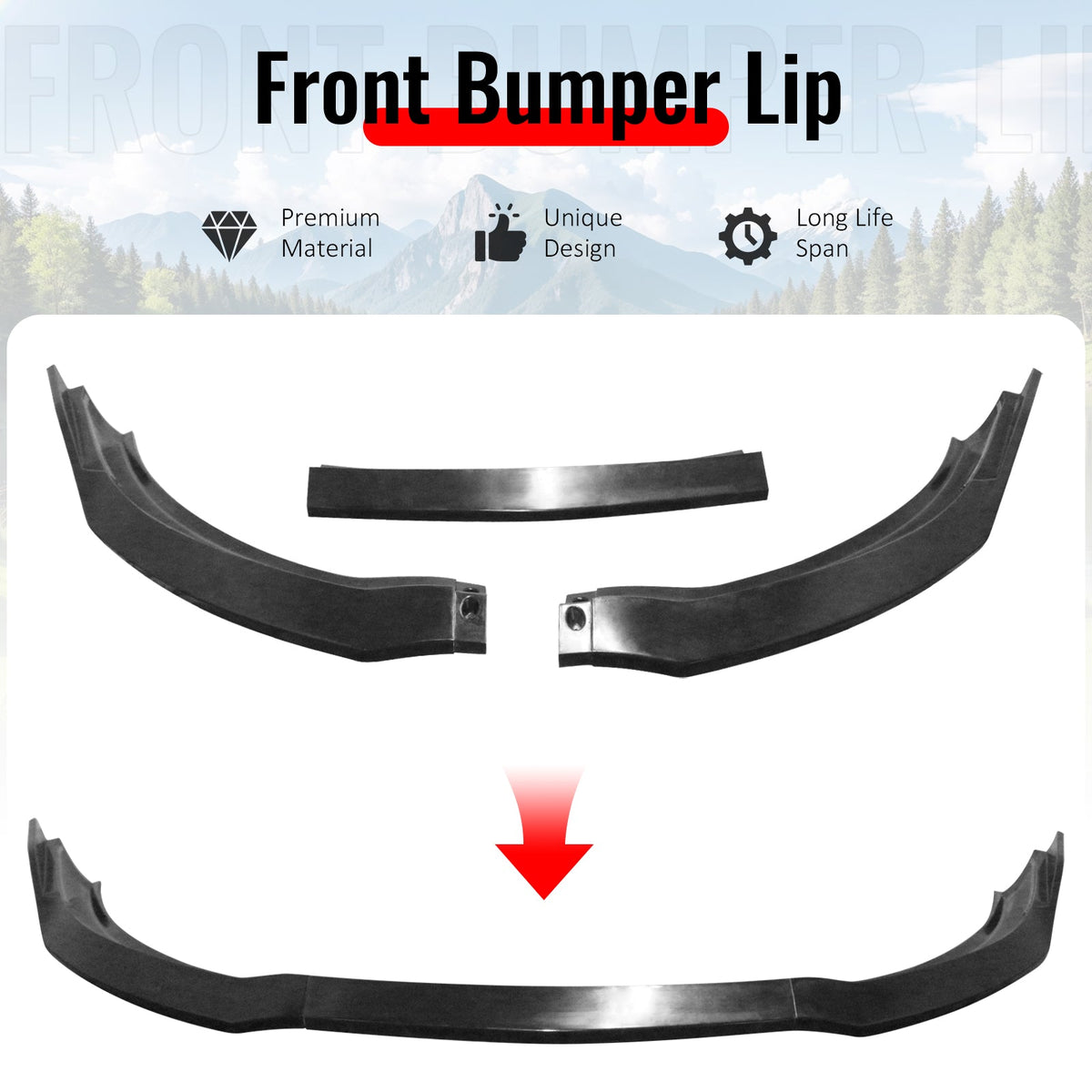 2015-2017 Chrysler 200 3PCS Front Lower Bumper Lip Air Dam Chin Spoiler Splitter Unpainted Black Polyurethane PU