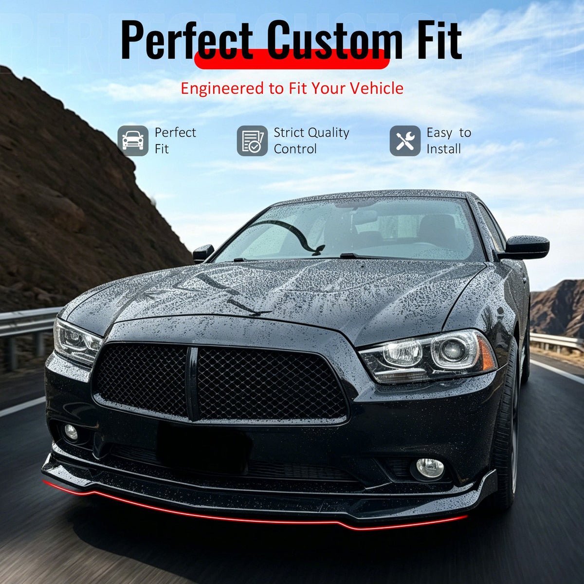 2012-2014 Dodge Charger SRT8 IKON Style Gloss Black Front Bumper Lip PP 3PCS