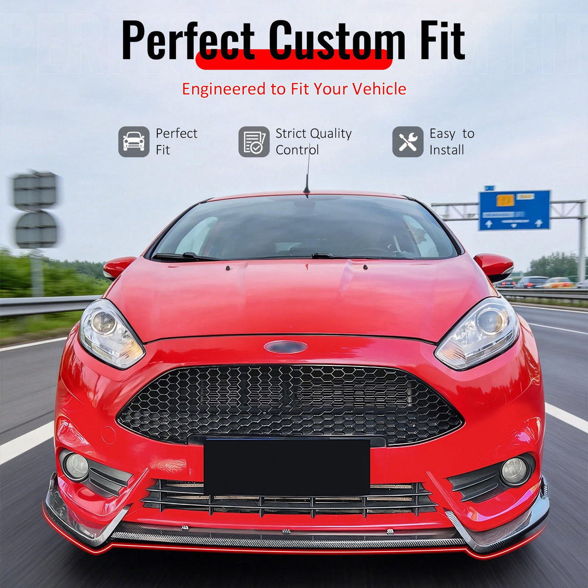 2014-2019 Ford Fiesta ST & ST Line 3PCS Front Lower Bumper Lip Air Dam Chin Spoiler Splitter IKON Style Painted Carbon Fiber Print ABS Plastic