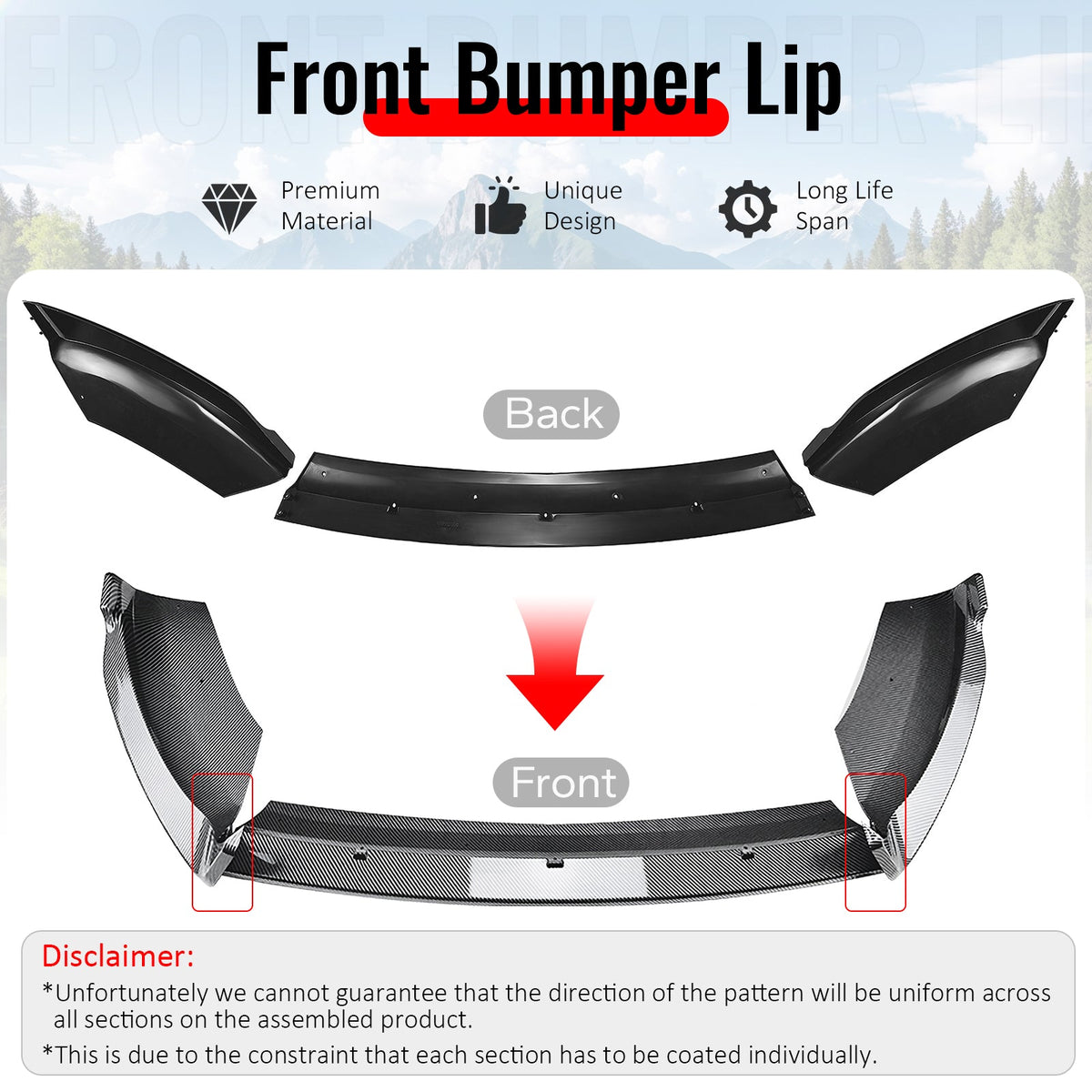 2014-2019 Ford Fiesta ST & ST Line 3PCS Front Lower Bumper Lip Air Dam Chin Spoiler Splitter IKON Style Painted Carbon Fiber Print ABS Plastic