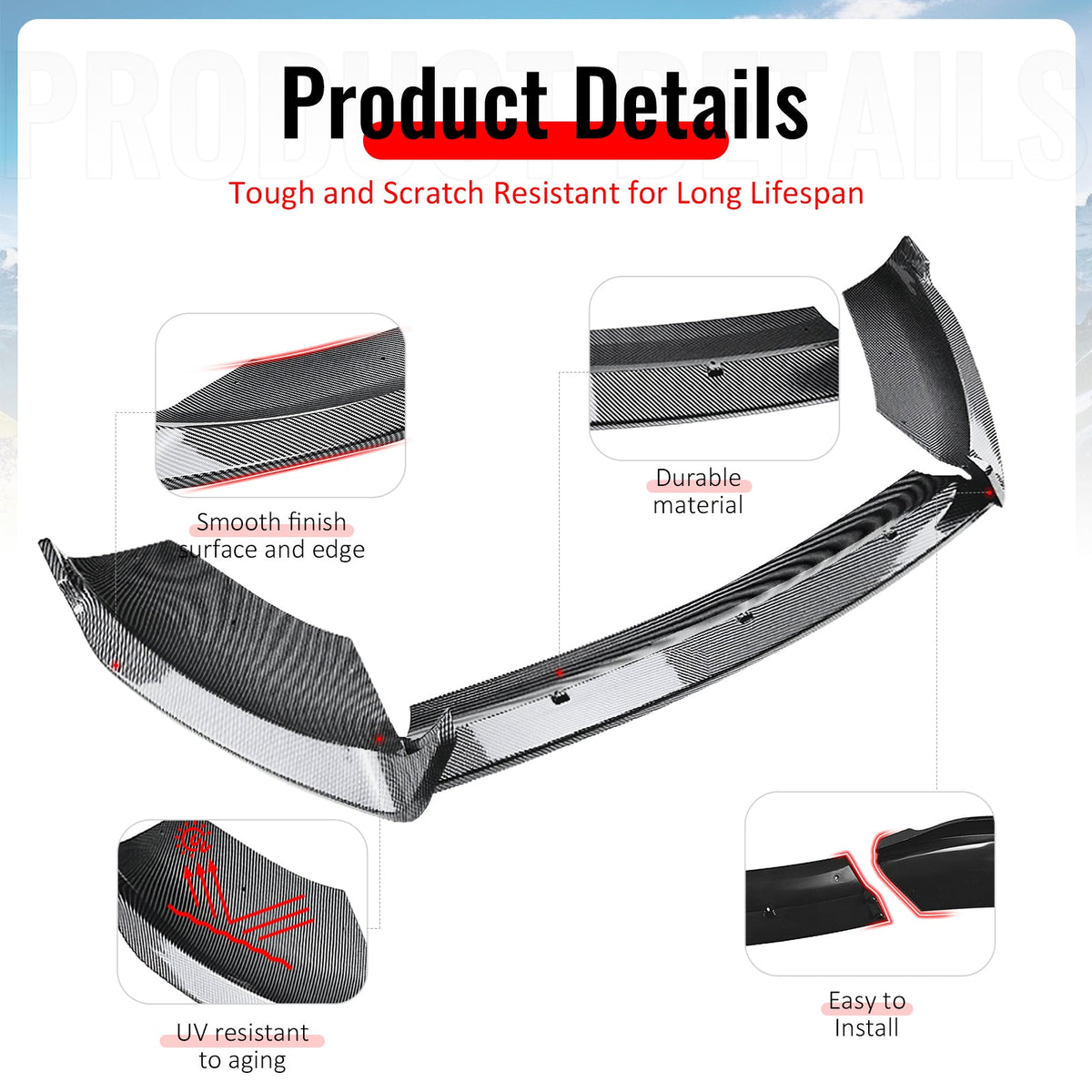 2014-2019 Ford Fiesta ST & ST Line 3PCS Front Lower Bumper Lip Air Dam Chin Spoiler Splitter IKON Style Painted Carbon Fiber Print ABS Plastic