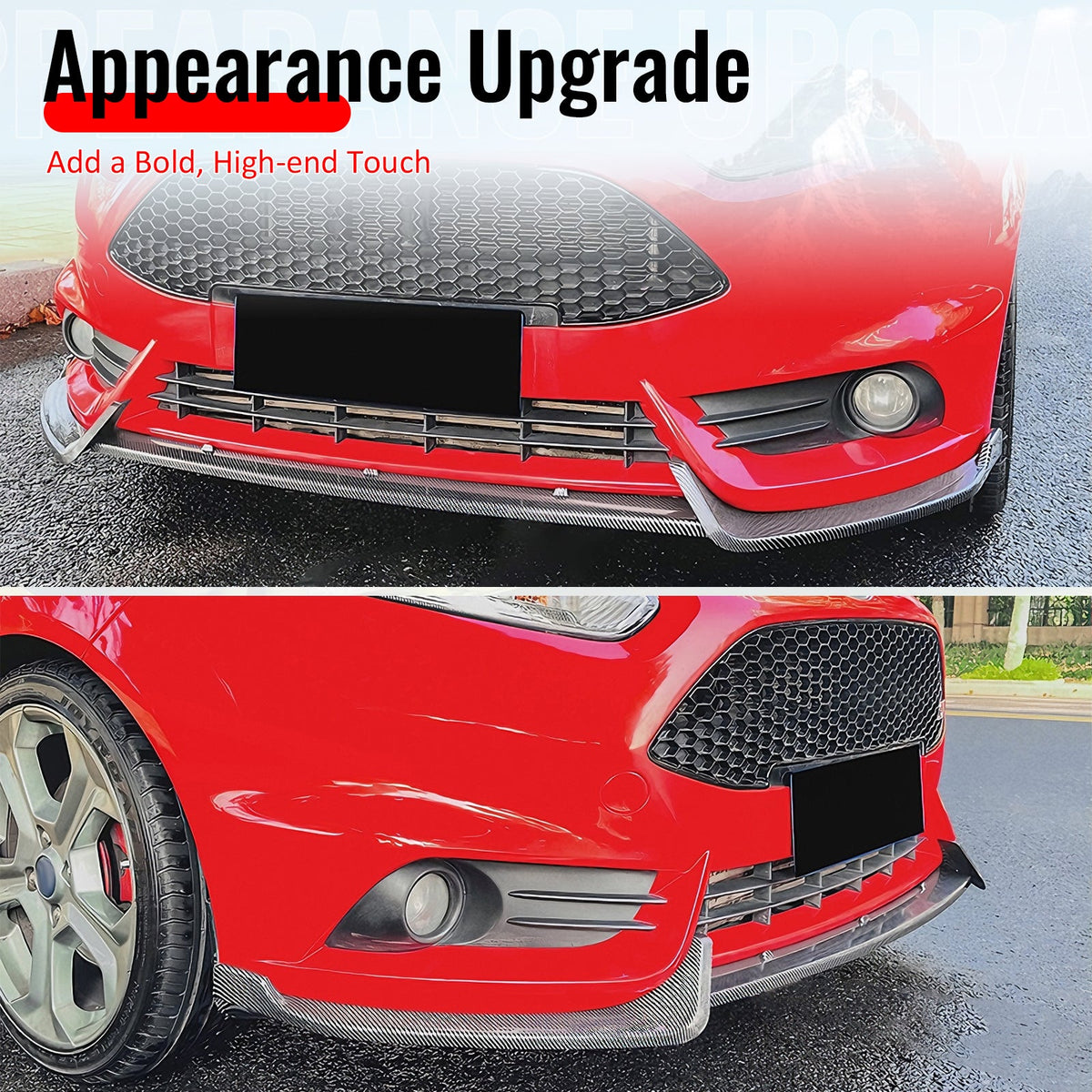 2014-2019 Ford Fiesta ST & ST Line 3PCS Front Lower Bumper Lip Air Dam Chin Spoiler Splitter IKON Style Painted Carbon Fiber Print ABS Plastic